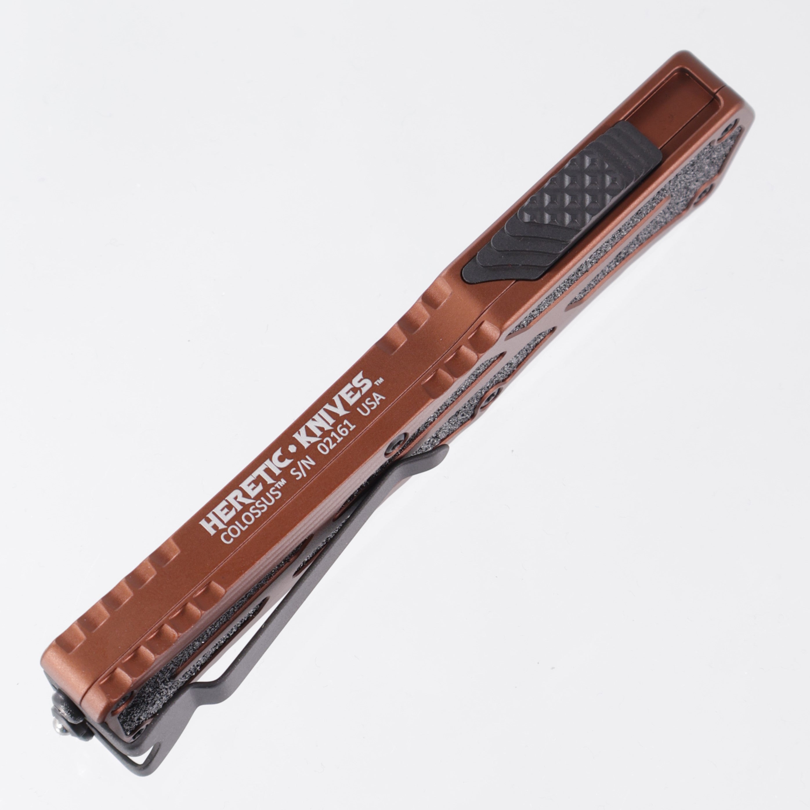 Heretic Colossus - DLC Magnacut Tanto Full Serrated - Root Beer Brown Aluminum w/ Grip Tape Inlay - H040-6C-RB
