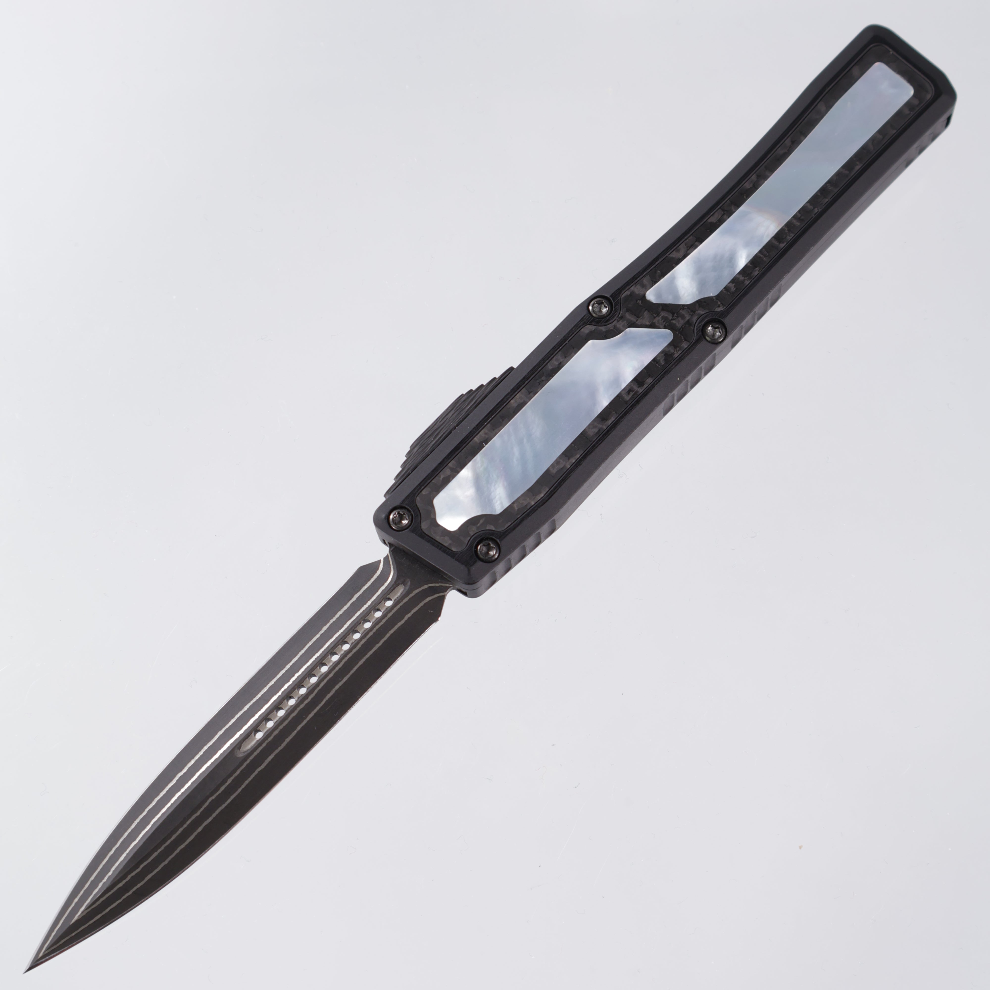 Heretic Nyx Custom - Double Edge Baker Forge Damascus - Aluminum Chassis w/ Carbon Fiber & Mother Of Pearl Inlays - Carbon Fiber Button w/ MOP Inlay - DLC Hardware