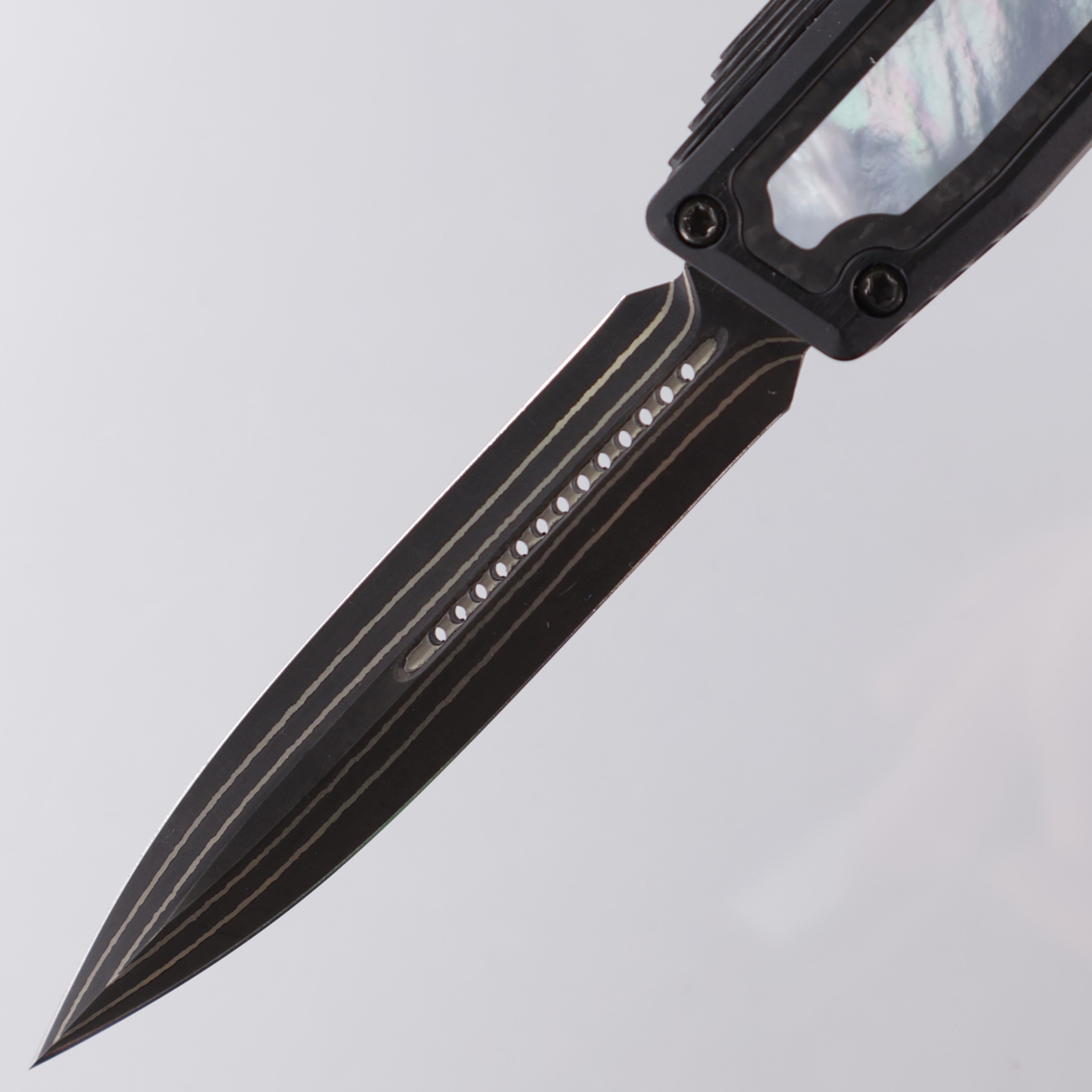 Heretic Nyx Custom - Double Edge Baker Forge Damascus - Aluminum Chassis w/ Carbon Fiber & Mother Of Pearl Inlays - Carbon Fiber Button w/ MOP Inlay - DLC Hardware