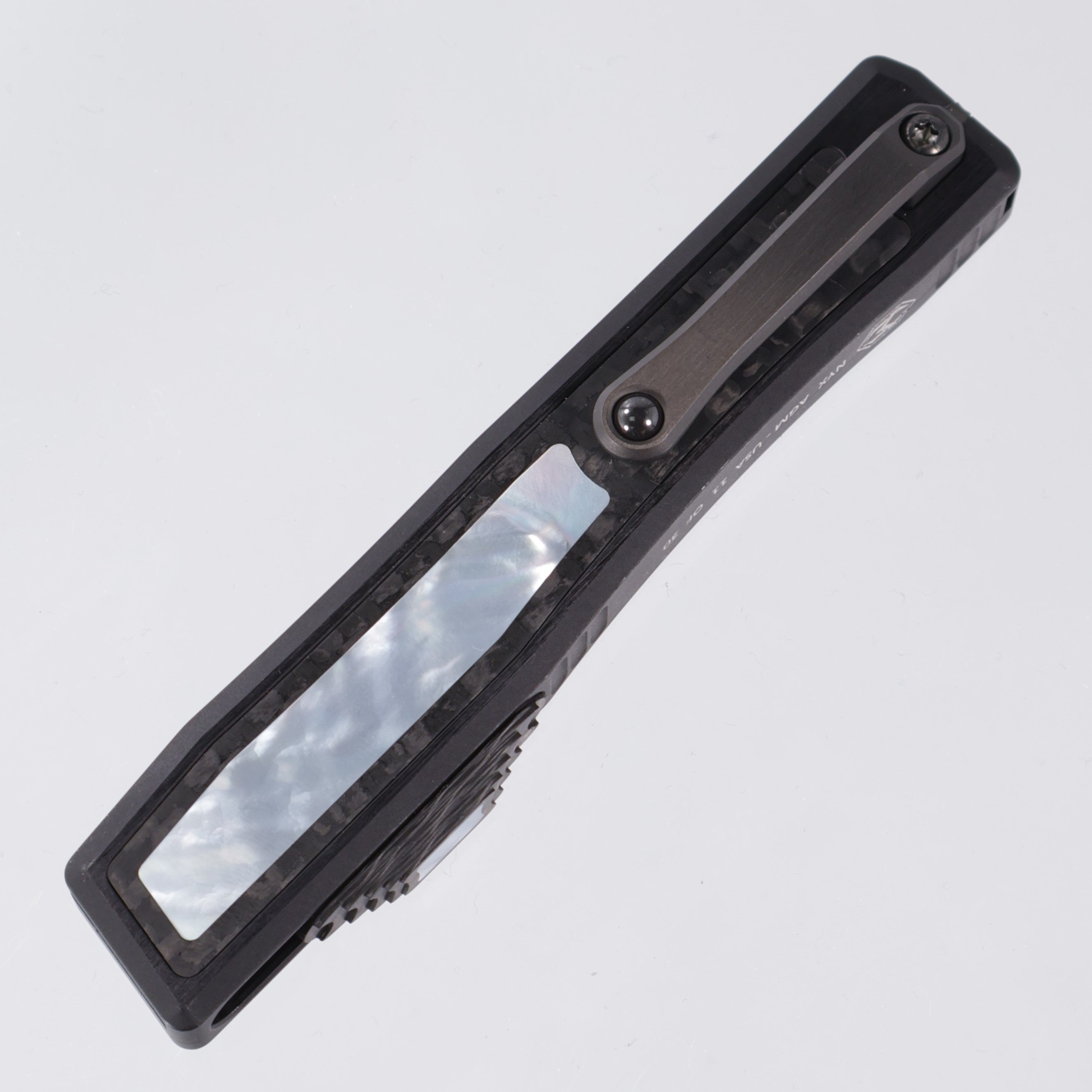 Heretic Nyx Custom - Double Edge Baker Forge Damascus - Aluminum Chassis w/ Carbon Fiber & Mother Of Pearl Inlays - Carbon Fiber Button w/ MOP Inlay - DLC Hardware