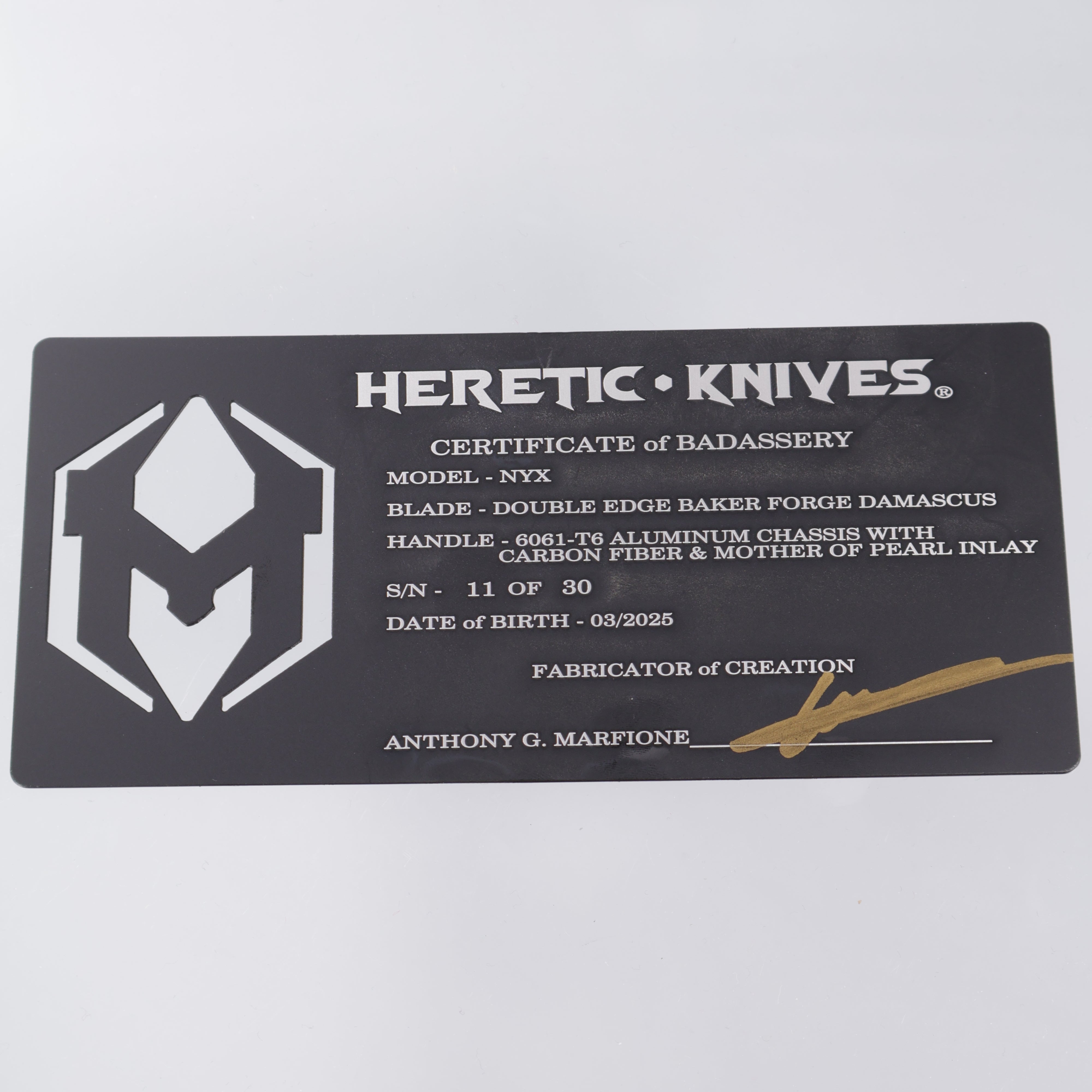 Heretic Nyx Custom - Double Edge Baker Forge Damascus - Aluminum Chassis w/ Carbon Fiber & Mother Of Pearl Inlays - Carbon Fiber Button w/ MOP Inlay - DLC Hardware