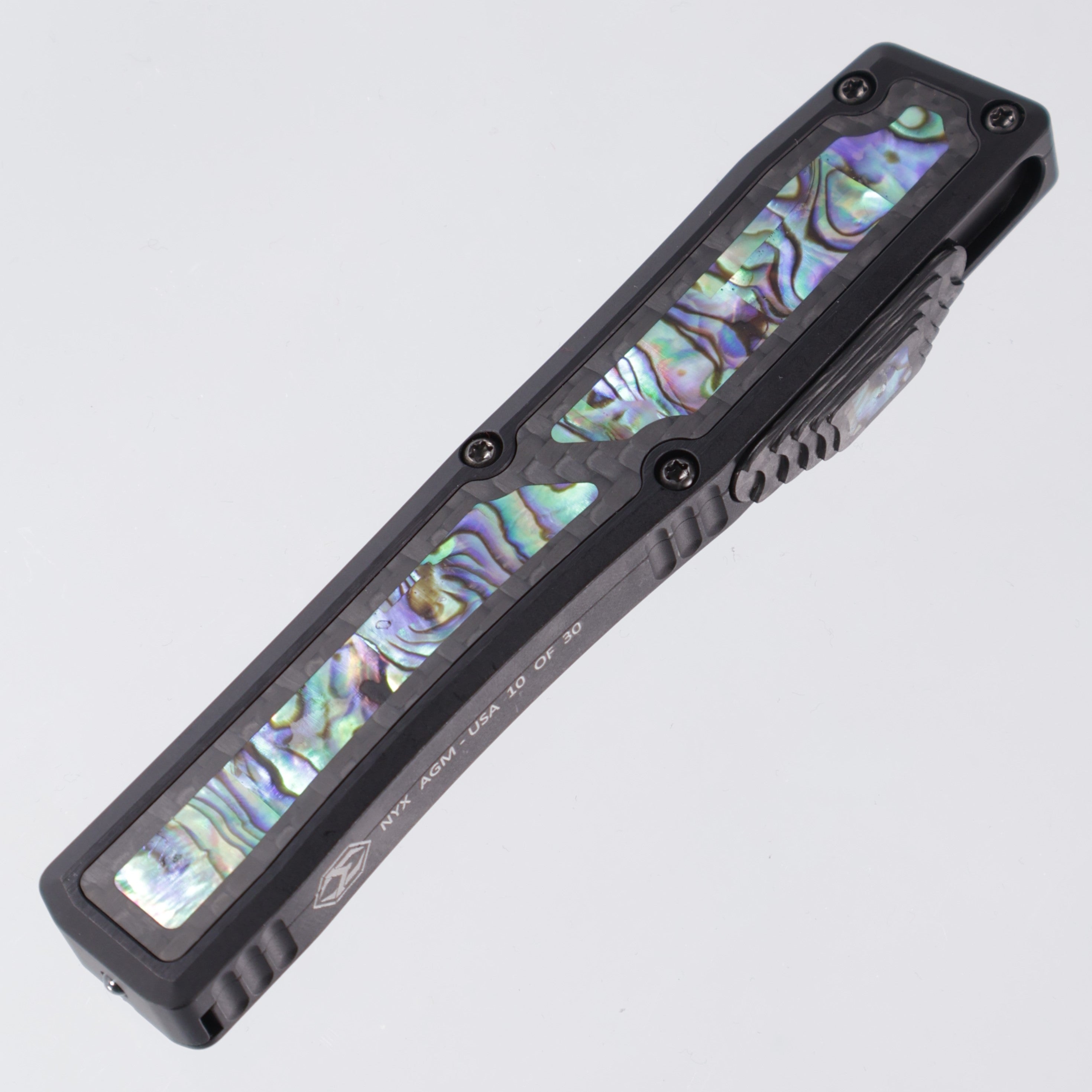 Heretic Nyx Custom - Double Edge Baker Forge Damascus - Aluminum Chassis w/ Carbon Fiber & Abalone Inlays - Carbon Fiber Button w/ Abalone Inlay - DLC Hardware