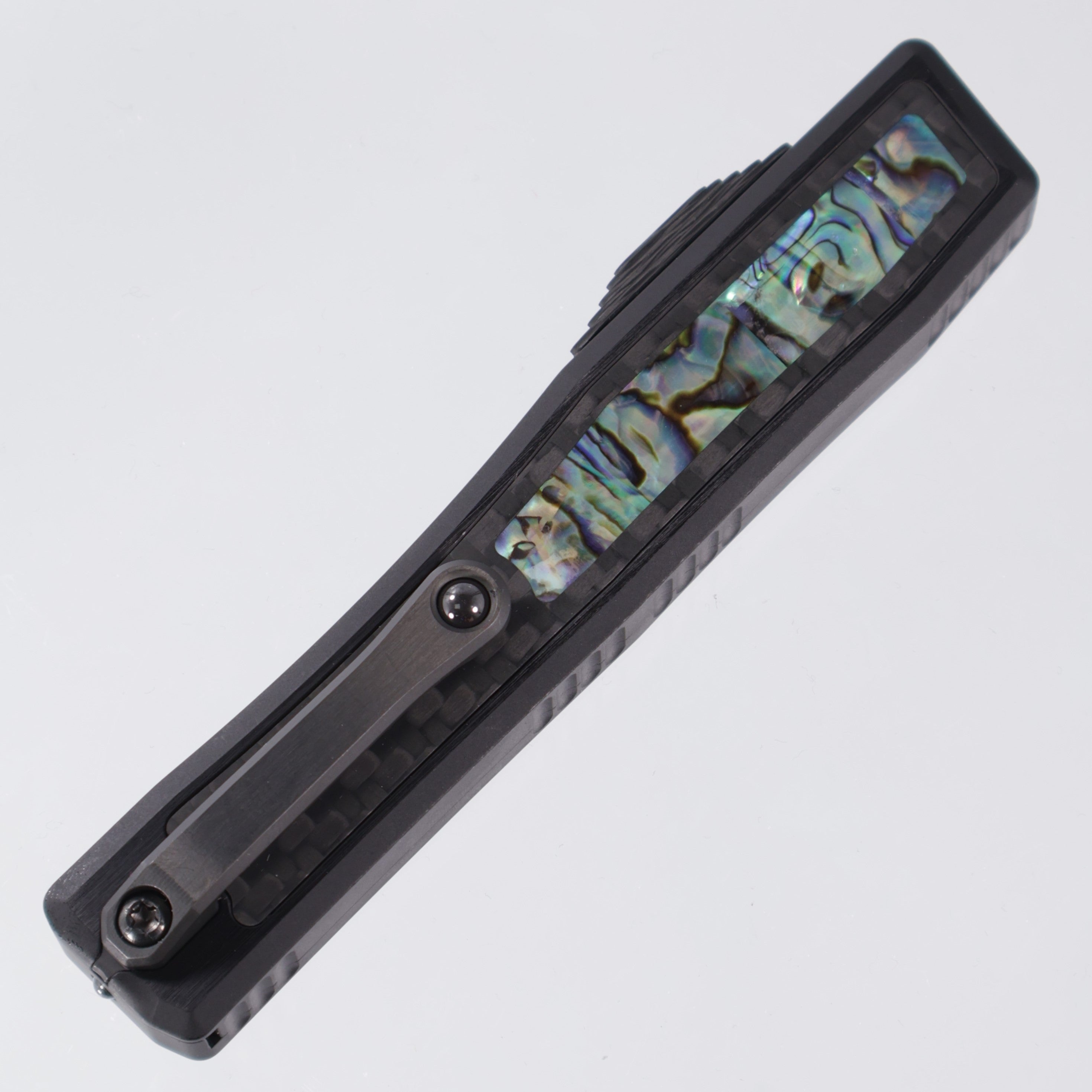 Heretic Nyx Custom - Double Edge Baker Forge Damascus - Aluminum Chassis w/ Carbon Fiber & Abalone Inlays - Carbon Fiber Button w/ Abalone Inlay - DLC Hardware