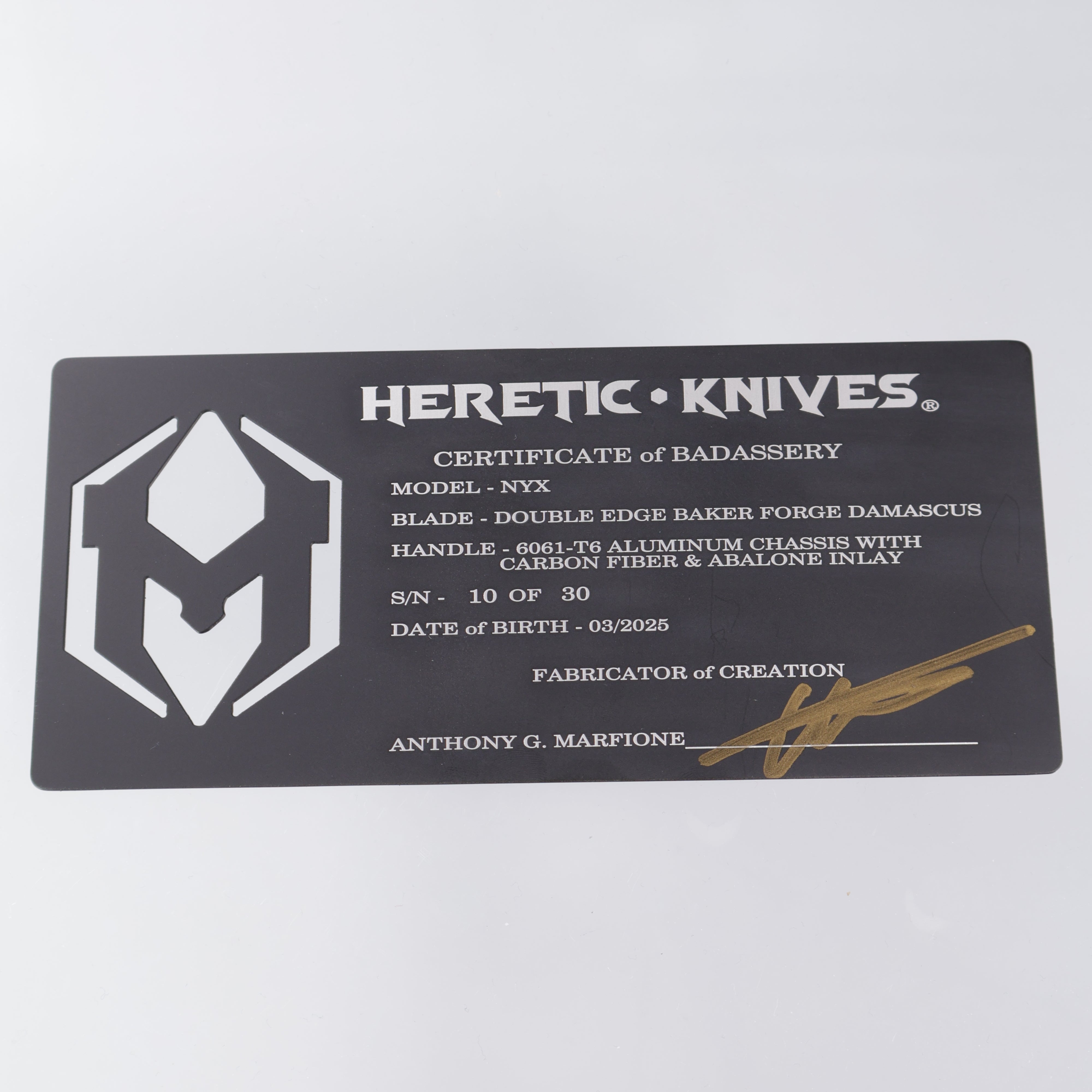 Heretic Nyx Custom - Double Edge Baker Forge Damascus - Aluminum Chassis w/ Carbon Fiber & Abalone Inlays - Carbon Fiber Button w/ Abalone Inlay - DLC Hardware
