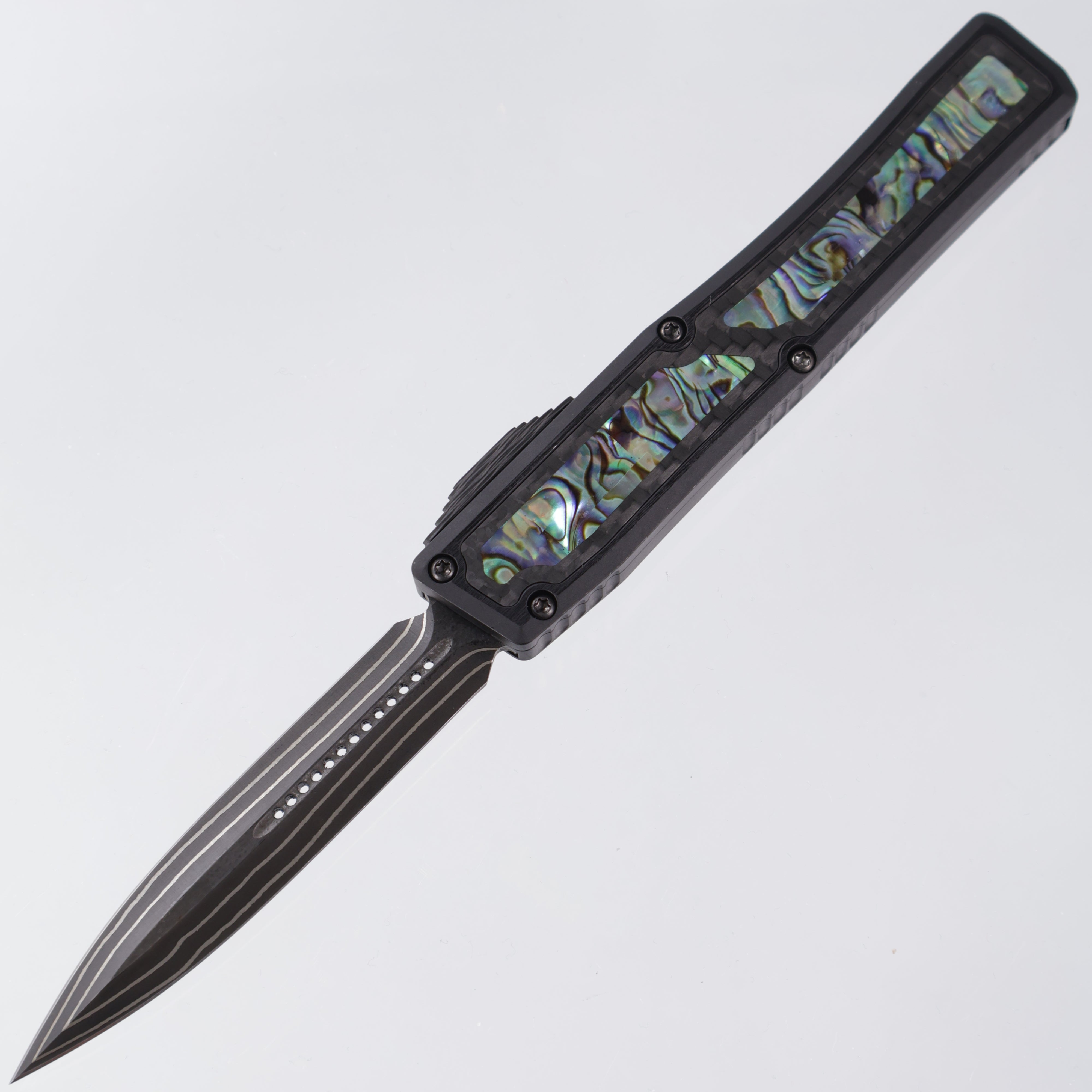 Heretic Nyx Custom - Double Edge Baker Forge Damascus - Aluminum Chassis w/ Carbon Fiber & Abalone Inlays - Carbon Fiber Button w/ Abalone Inlay - DLC Hardware