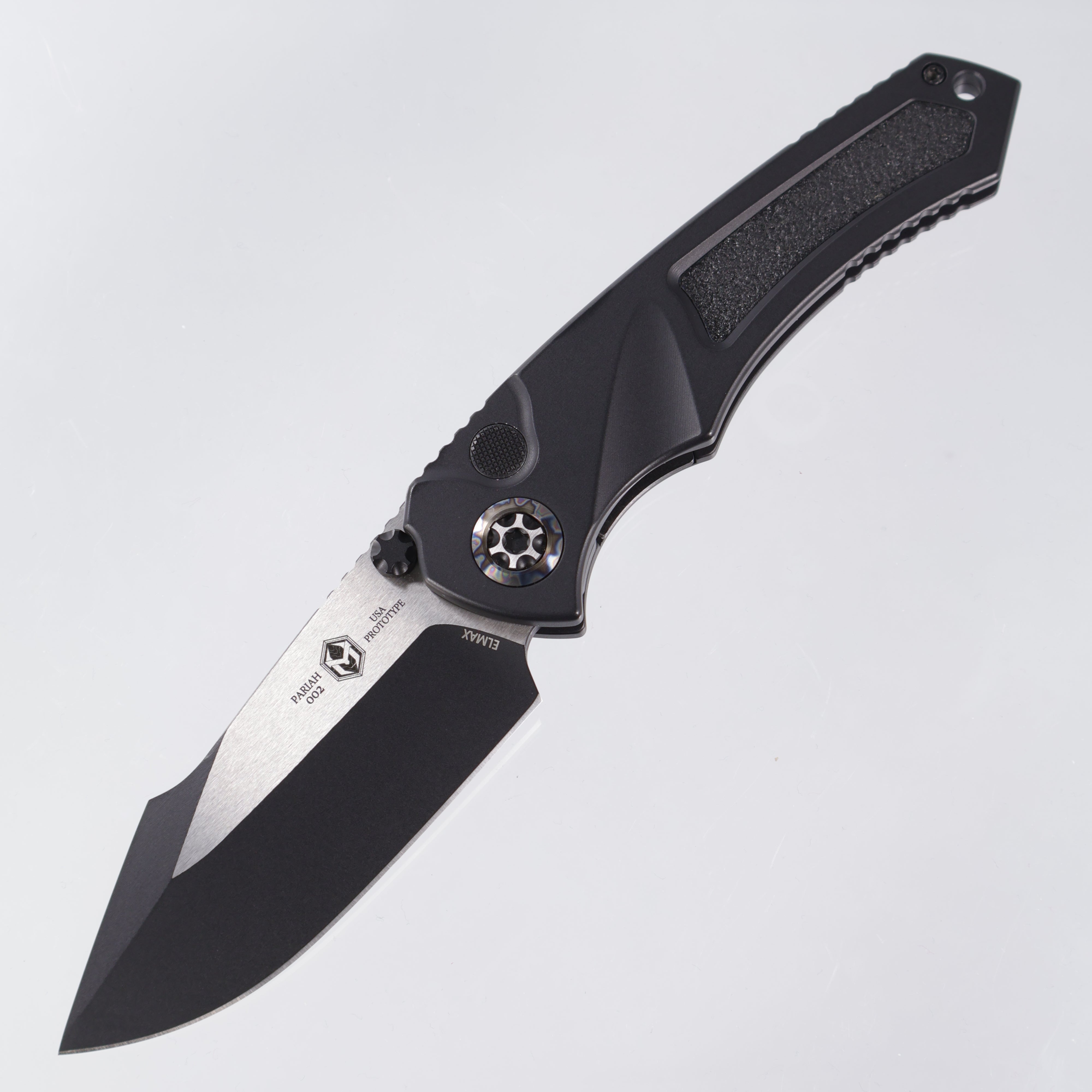 Heretic Pariah Double Action Prototype - Two-Tone DLC Elmax - Black Aluminum w/ Flamed Ti Pivot Collar - H048-10A-PROTO Pre-Owned