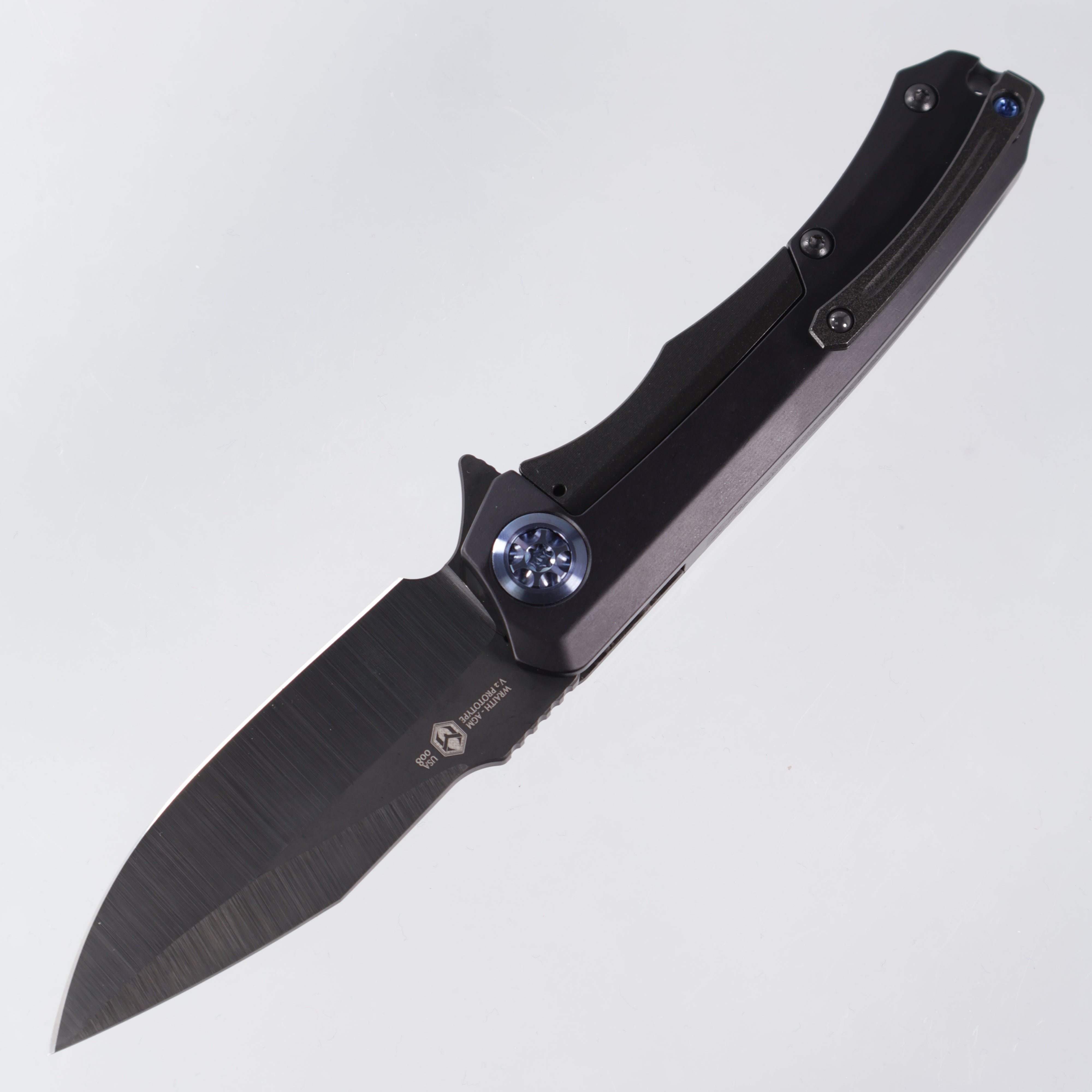 Heretic Wraith Manual V2 Prototype - Satin DLC w/ Hand Ground S35VN - Integral Aluminum w/ CF Bolster - Blue Hardware - Pre-Owned