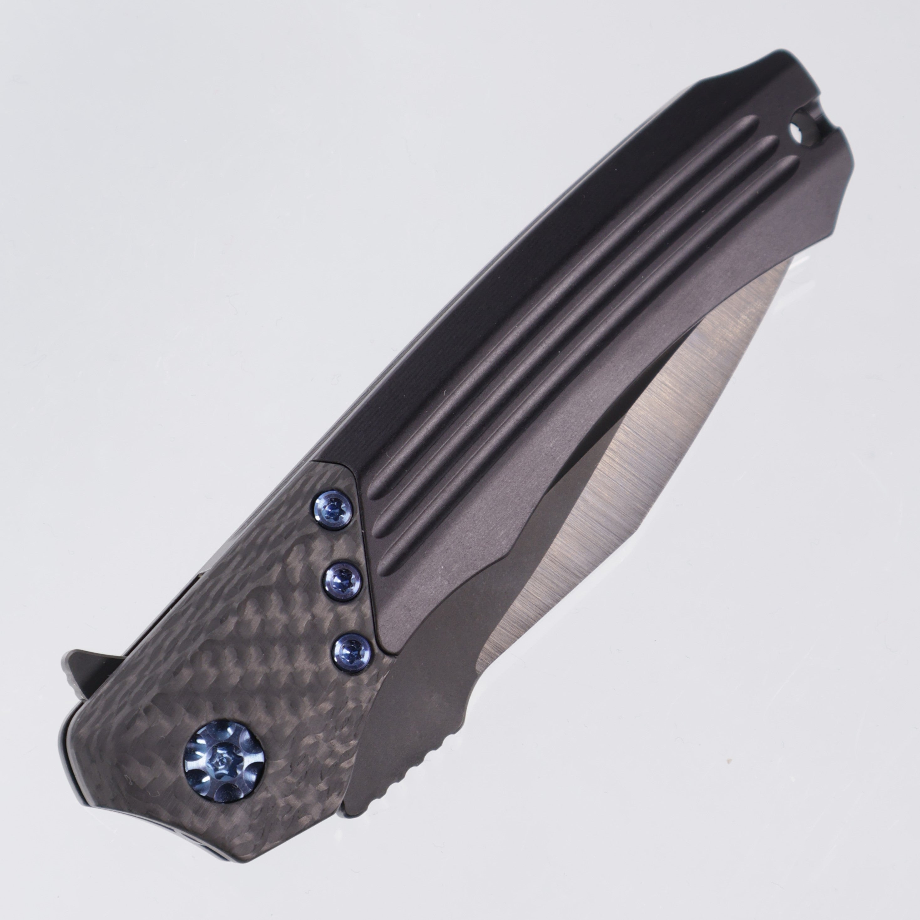 Heretic Wraith Manual V2 Prototype - Satin DLC w/ Hand Ground S35VN - Integral Aluminum w/ CF Bolster - Blue Hardware - Pre-Owned