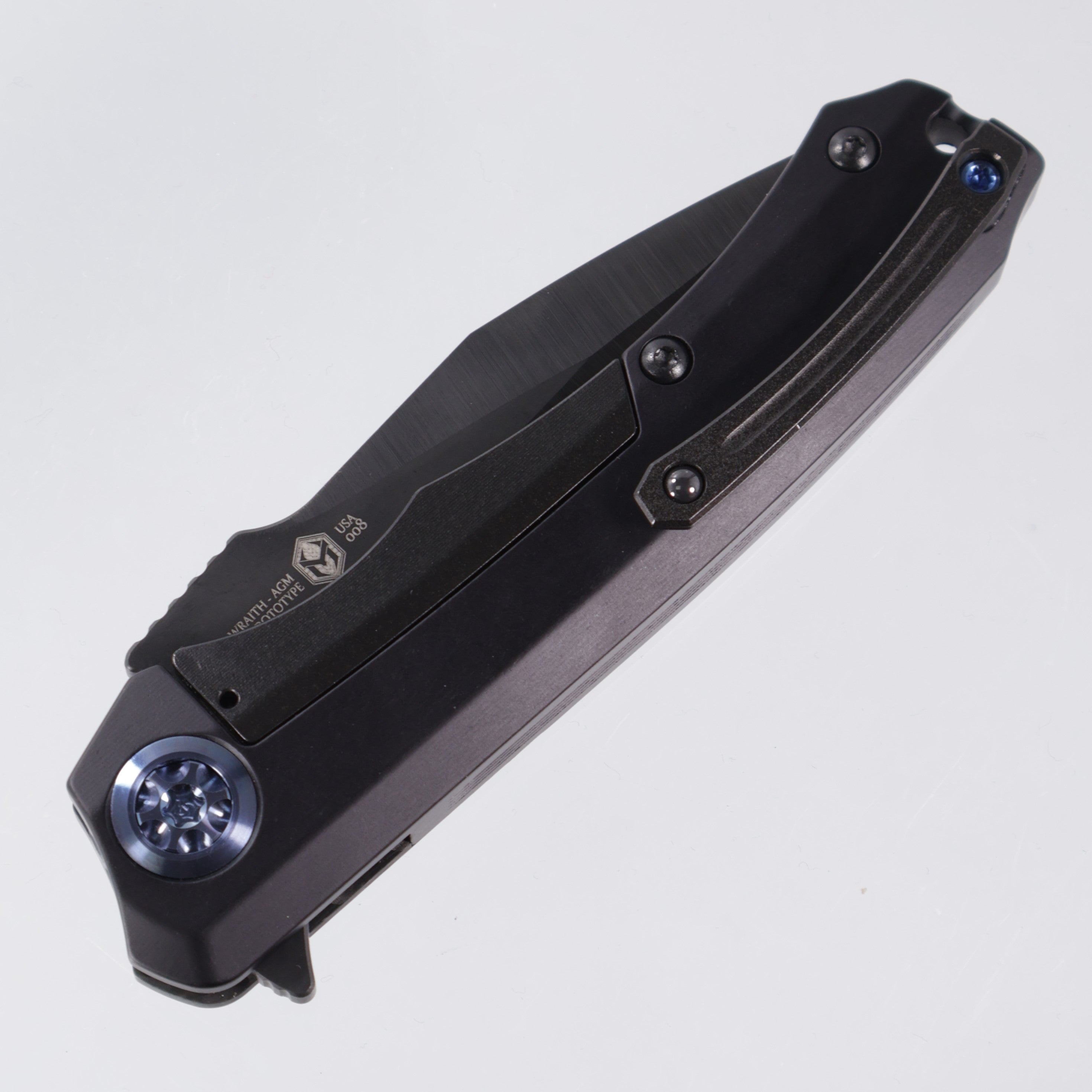 Heretic Wraith Manual V2 Prototype - Satin DLC w/ Hand Ground S35VN - Integral Aluminum w/ CF Bolster - Blue Hardware - Pre-Owned