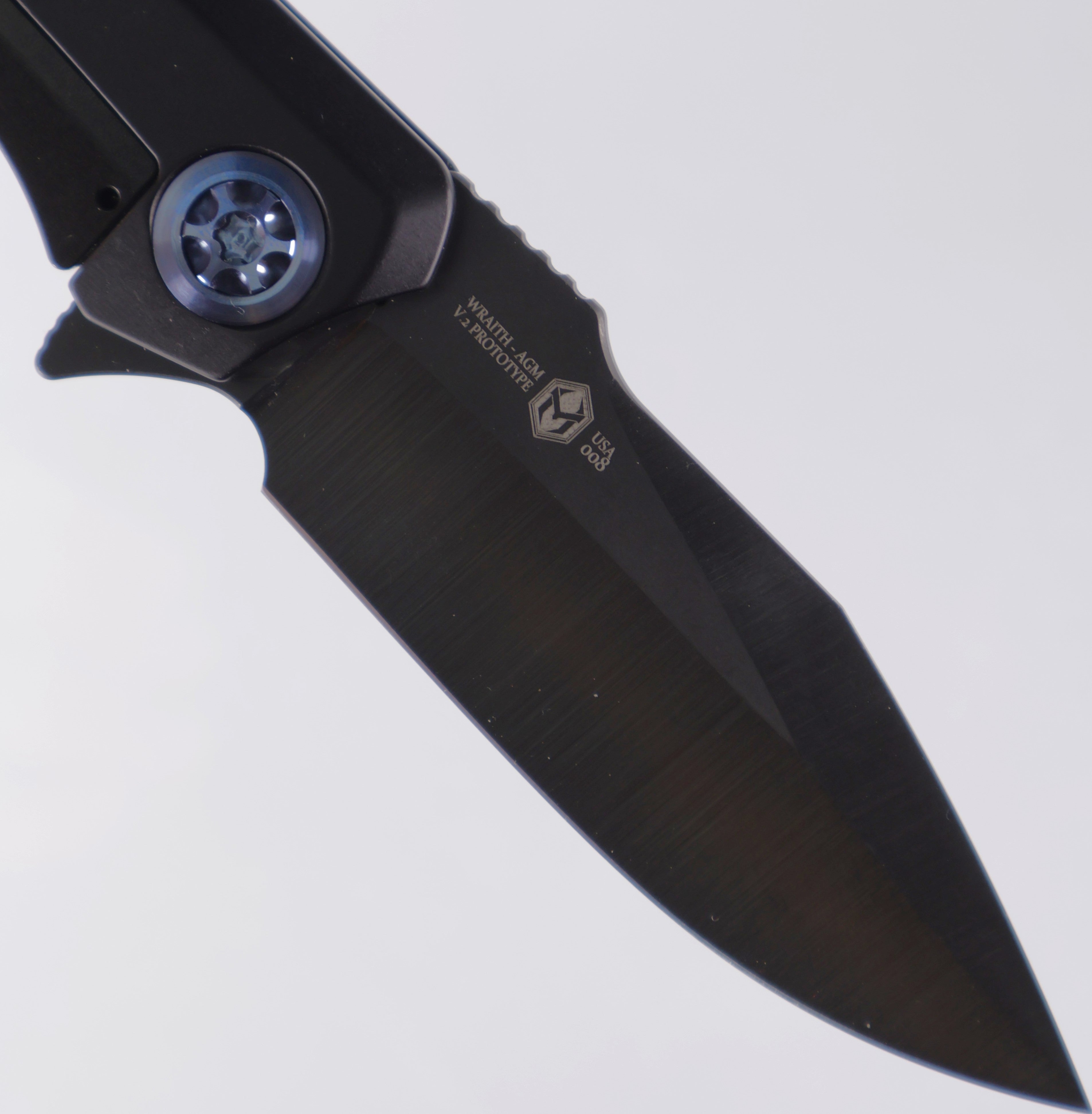 Heretic Wraith Manual V2 Prototype - Satin DLC w/ Hand Ground S35VN - Integral Aluminum w/ CF Bolster - Blue Hardware - Pre-Owned