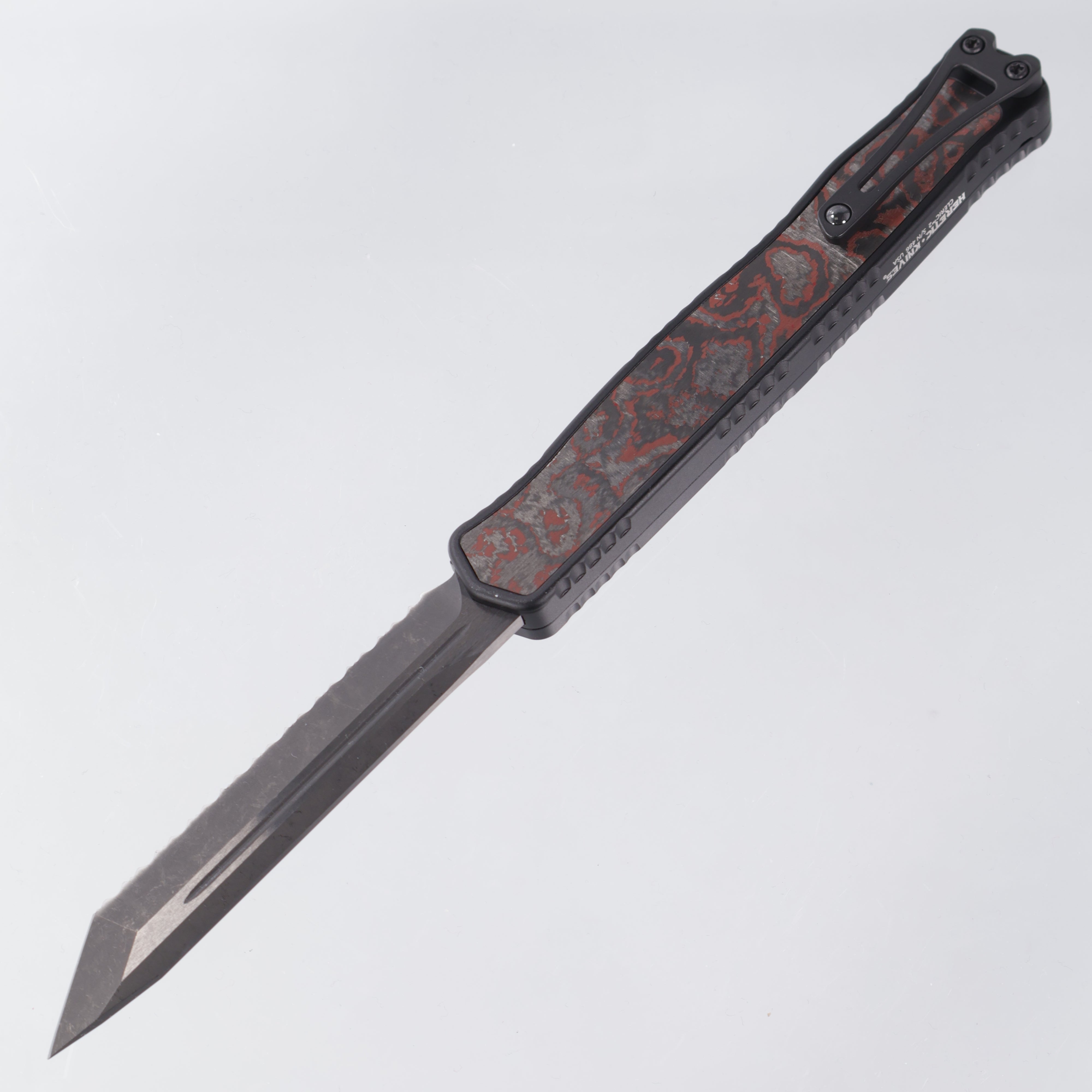Heretic Cleric 2 - Red CamoCarbon Inlays - Tanto Full Serrated DLC Magnacut - Cleric II H019-6C-RD/CC