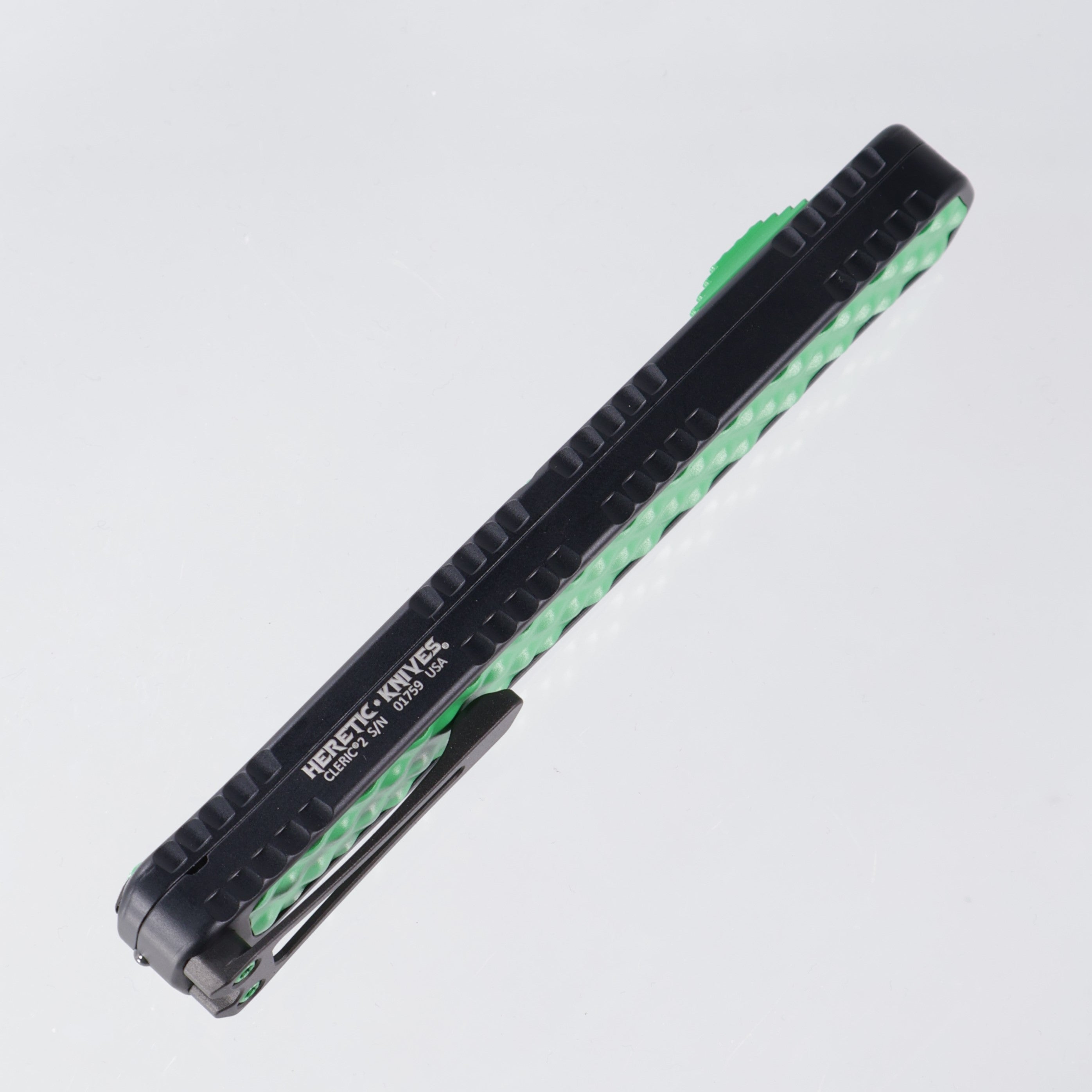 Heretic Cleric 2 - Black w/ Toxic Green Stainless Inlay - DLC Tanto Magnacut Full Serrate - Cleric II H019-6C-TXHDW