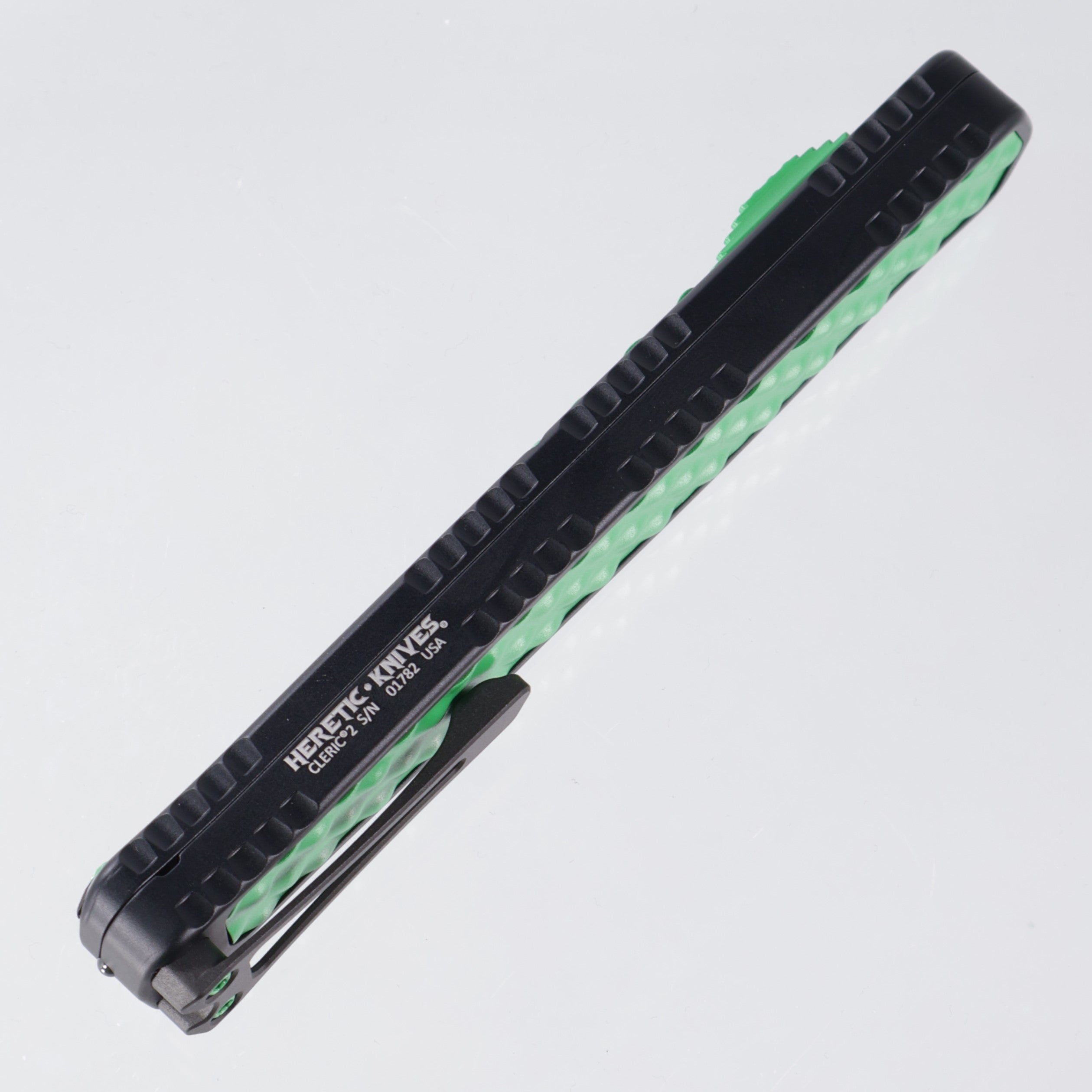 Heretic Cleric 2 - Black w/ Toxic Green Stainless Inlay - DLC Tanto Magnacut Partial Serrate - Cleric II H019-6B-TXHDW