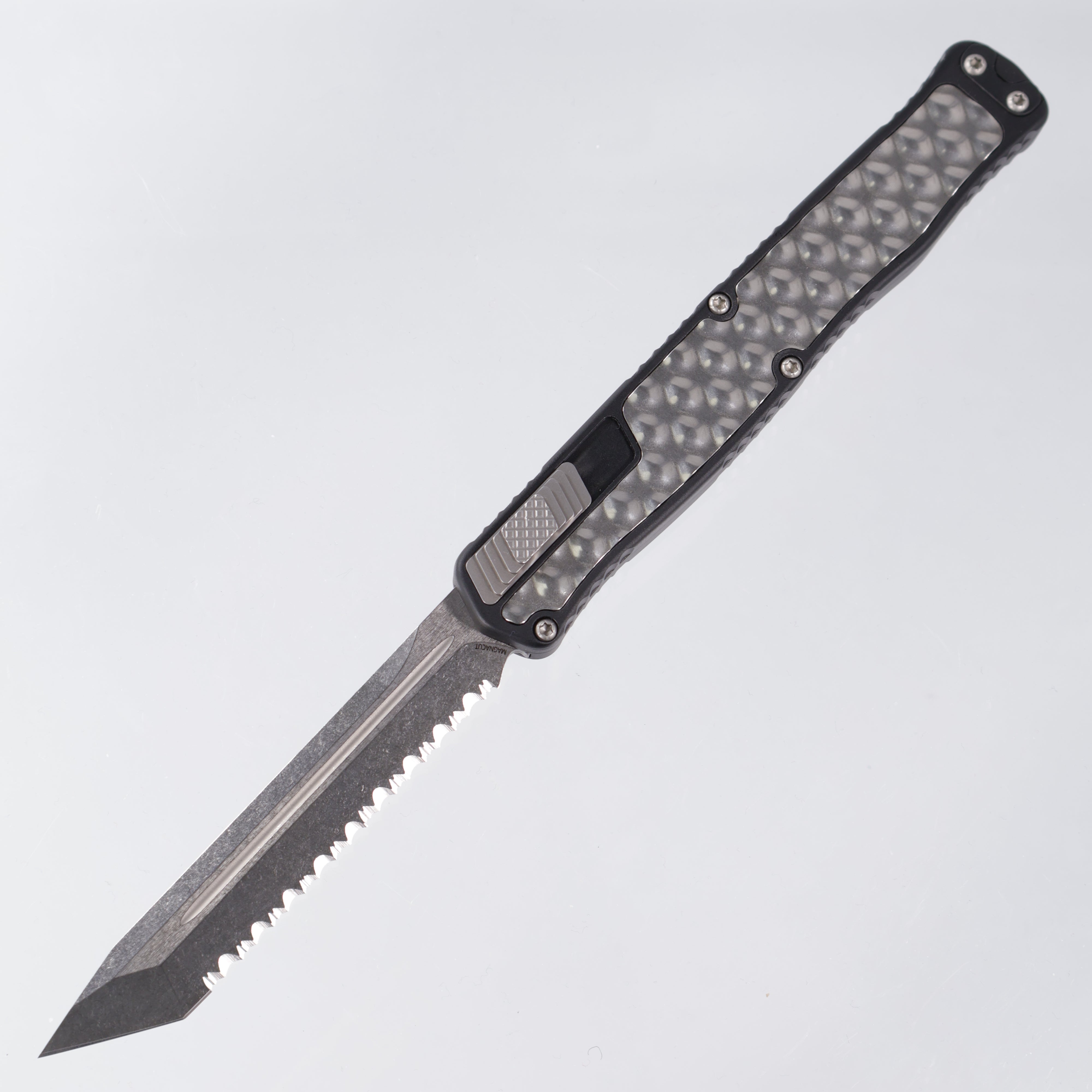 Heretic Cleric 2 - Black w/ Stainless Inlay - Tanto Stonewashed Magnacut Full Serrate - Cleric II H019-6C-TXHDW