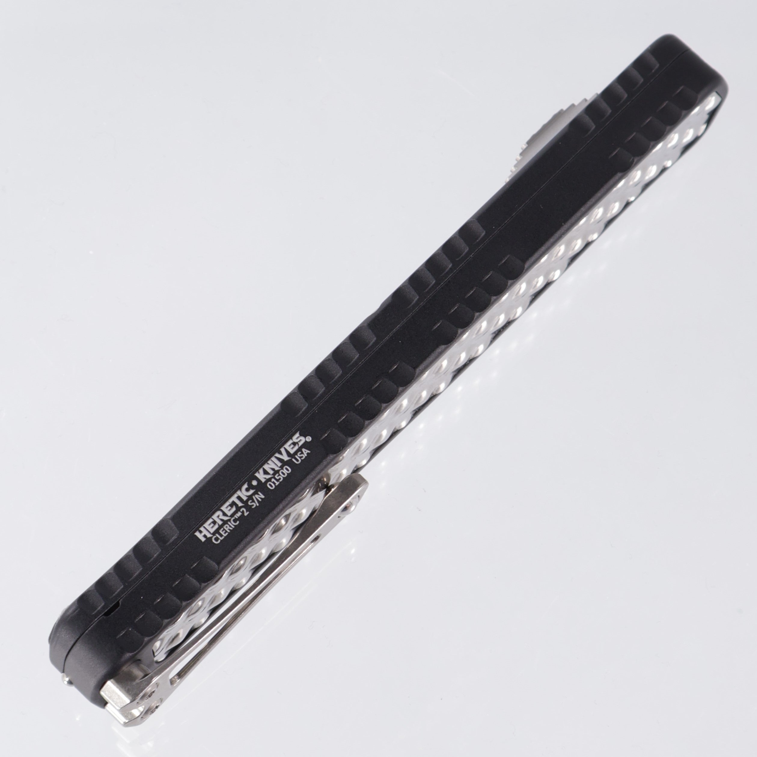 Heretic Cleric 2 - Black w/ Stainless Inlay - Tanto Stonewashed Magnacut Full Serrate - Cleric II H019-6C-TXHDW