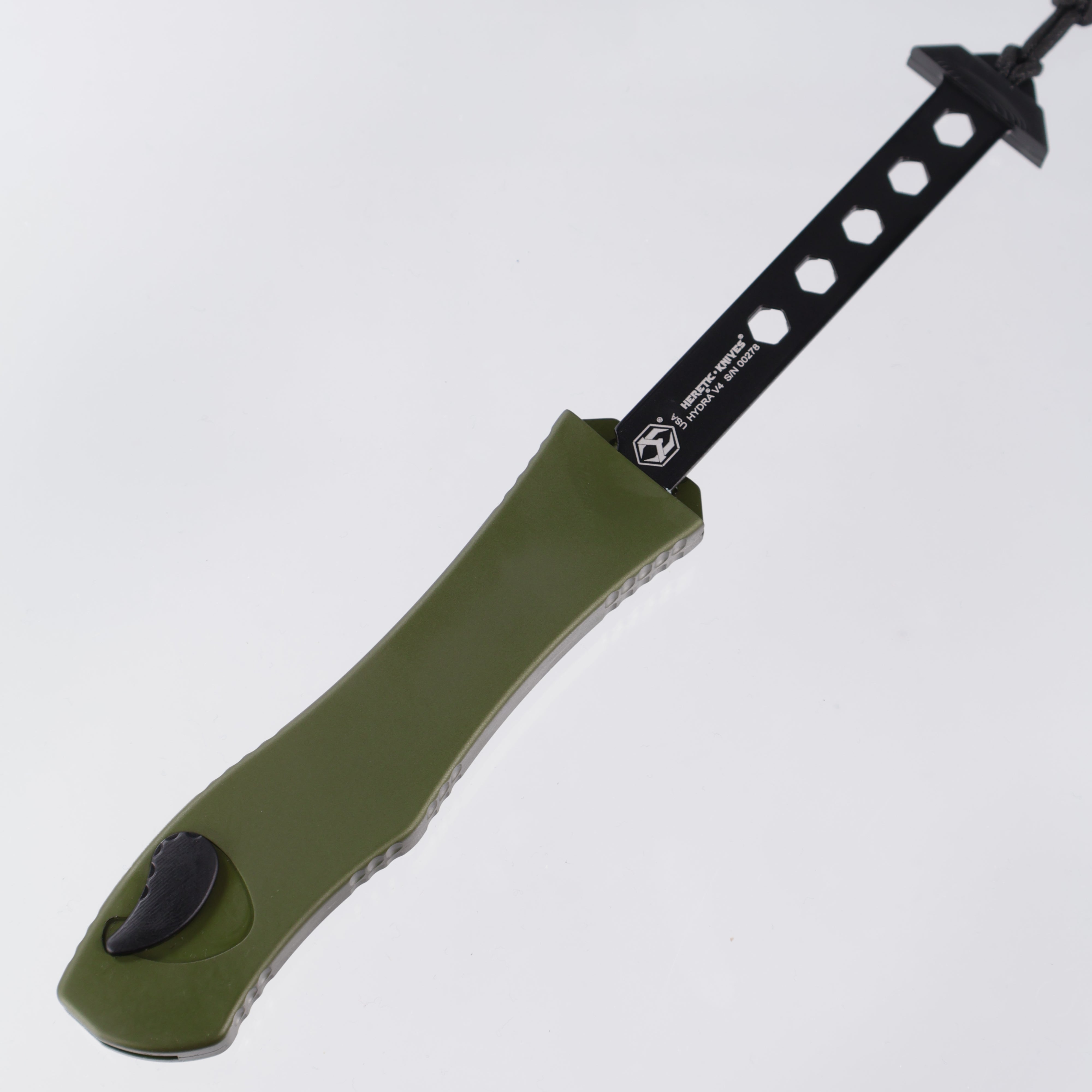 Heretic Hydra V4 - OD Green Aluminum - Single Edge Full Serrate, Battleworn Magnacut - H407-5C-GRN