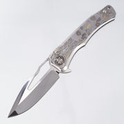 Heretic Wraith V4 Manual Custom 1 of 1 - Mirror Polish Clip Point - Hand Engraved Stainless Steel Chassis w/ Gold Embellishments by Gabriel Keeling, Damascus Pivot Collars & Mosaic Pin button inlay