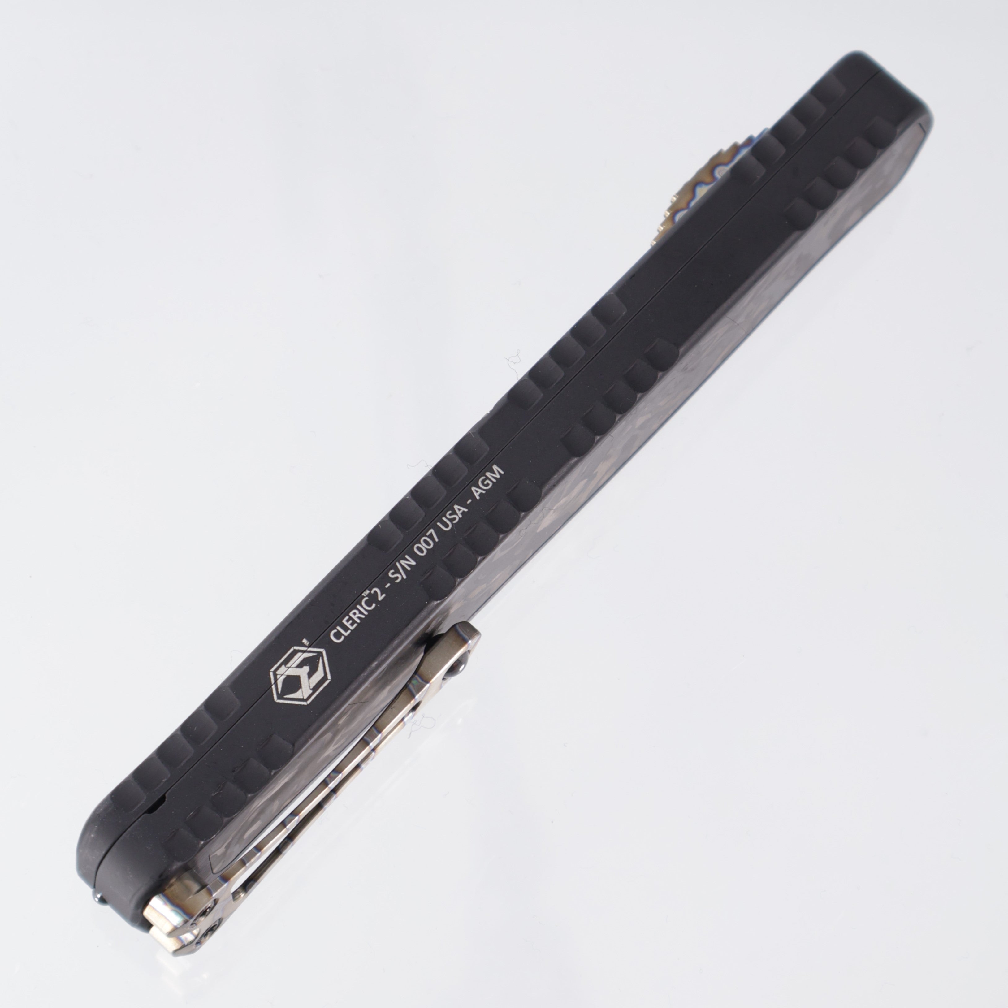 Heretic Cleric 2 Custom - Marbled Carbon Fiber Inlays - Double Edge, DLC, Hand Ground, Vegas Forge Damascus - Cleric II S/N 007 - Pre-Owned