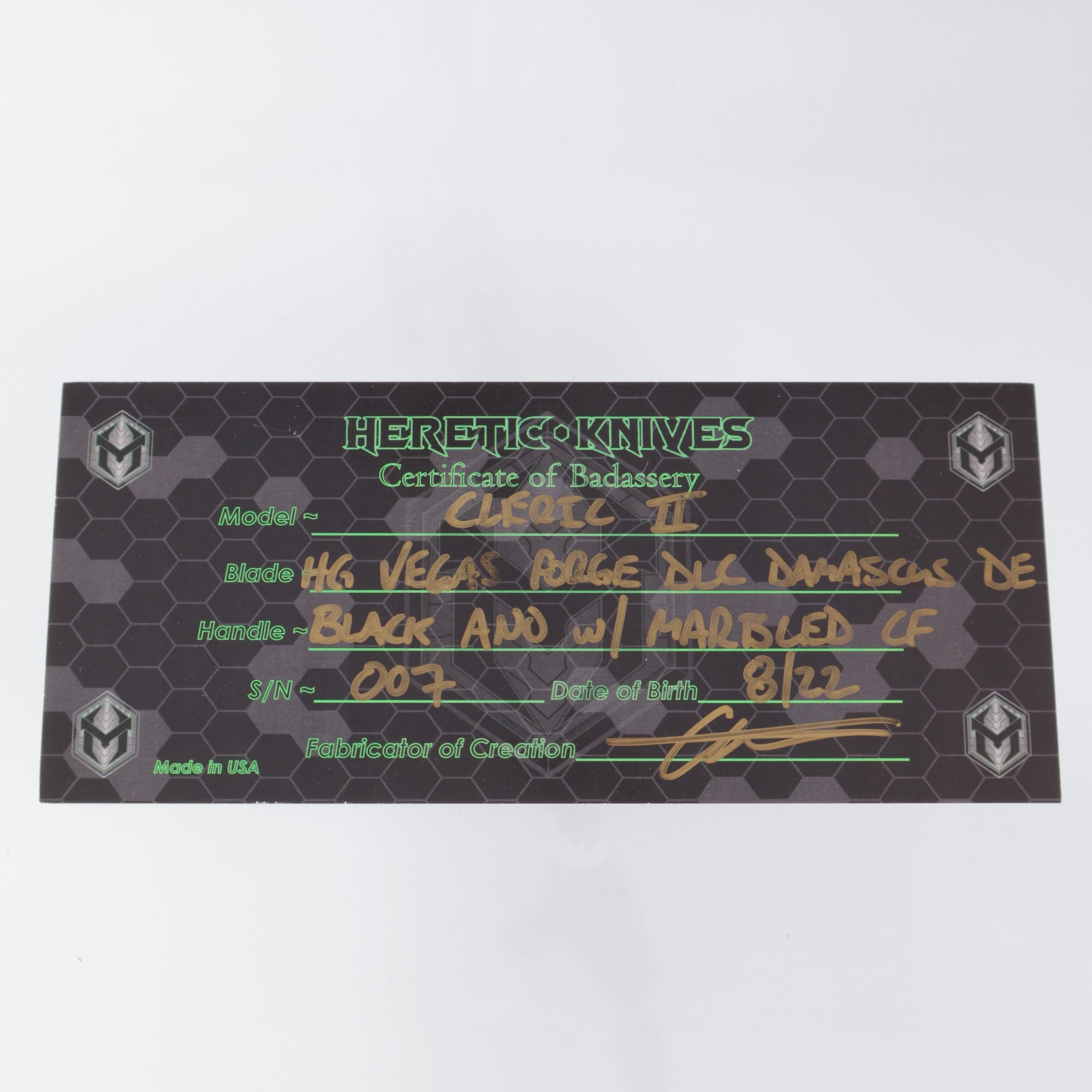 Heretic Cleric 2 Custom - Marbled Carbon Fiber Inlays - Double Edge, DLC, Hand Ground, Vegas Forge Damascus - Cleric II S/N 007 - Pre-Owned