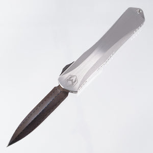 Heretic Manticore X Custom - Hand Ground Vegas Forge Damascus Blued Double Edge - Hefted Stainless Handle w/ Carbon Fiber Button - Orange Peeled Ti Clip - S/N 007 - Pre-Owned