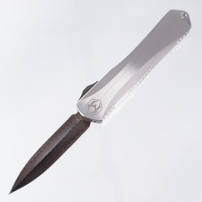 Heretic Manticore X Custom - Hand Ground Vegas Forge Damascus Blued Double Edge - Hefted Stainless Handle w/ Carbon Fiber Button - Orange Peeled Ti Clip - S/N 007 - Pre-Owned