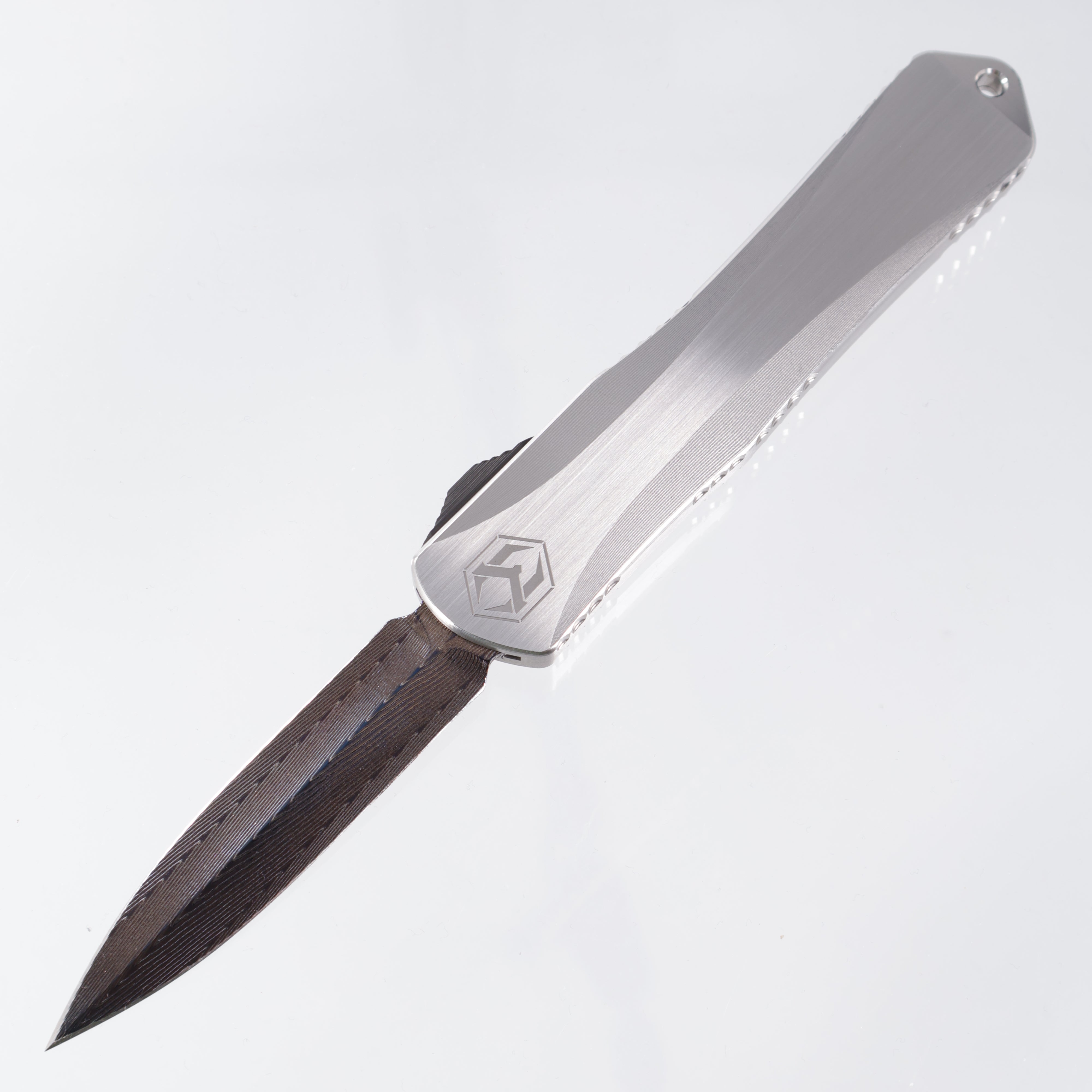 Heretic Manticore X Custom - Hand Ground Vegas Forge Damascus Blued Double Edge - Hefted Stainless Handle w/ Carbon Fiber Button - Orange Peeled Ti Clip - S/N 007 - Pre-Owned