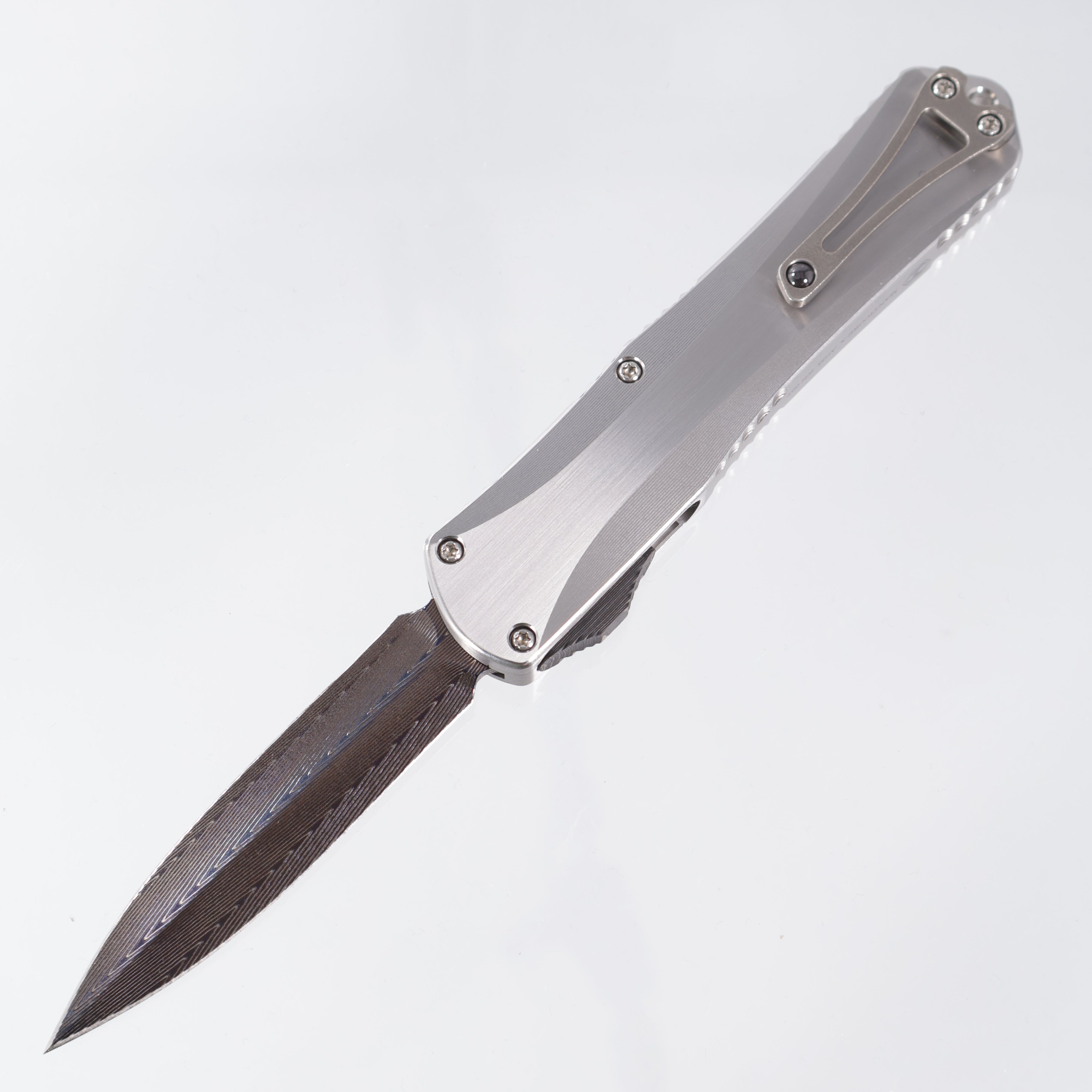 Heretic Manticore X Custom - Hand Ground Vegas Forge Damascus Blued Double Edge - Hefted Stainless Handle w/ Carbon Fiber Button - Orange Peeled Ti Clip - S/N 007 - Pre-Owned