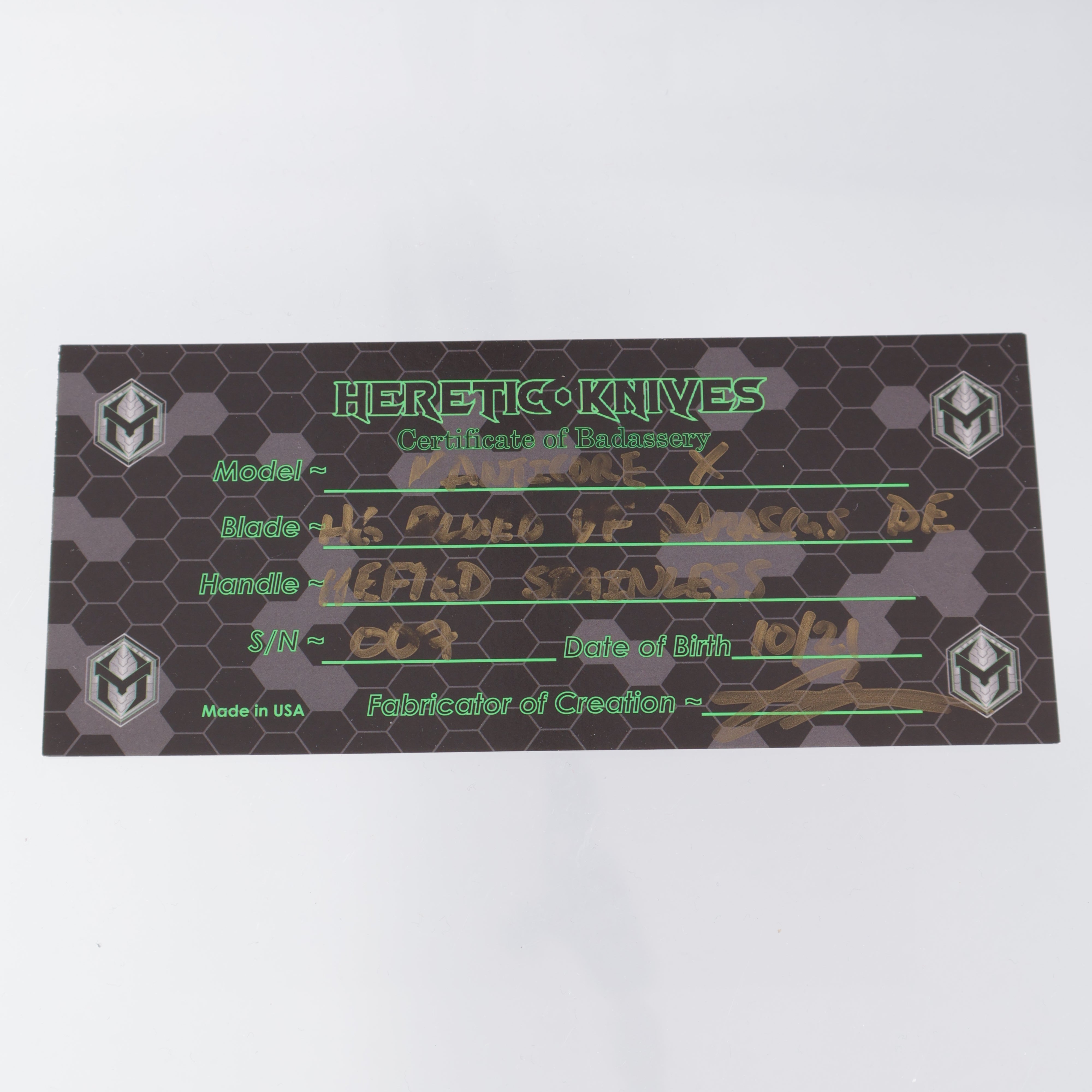 Heretic Manticore X Custom - Hand Ground Vegas Forge Damascus Blued Double Edge - Hefted Stainless Handle w/ Carbon Fiber Button - Orange Peeled Ti Clip - S/N 007 - Pre-Owned