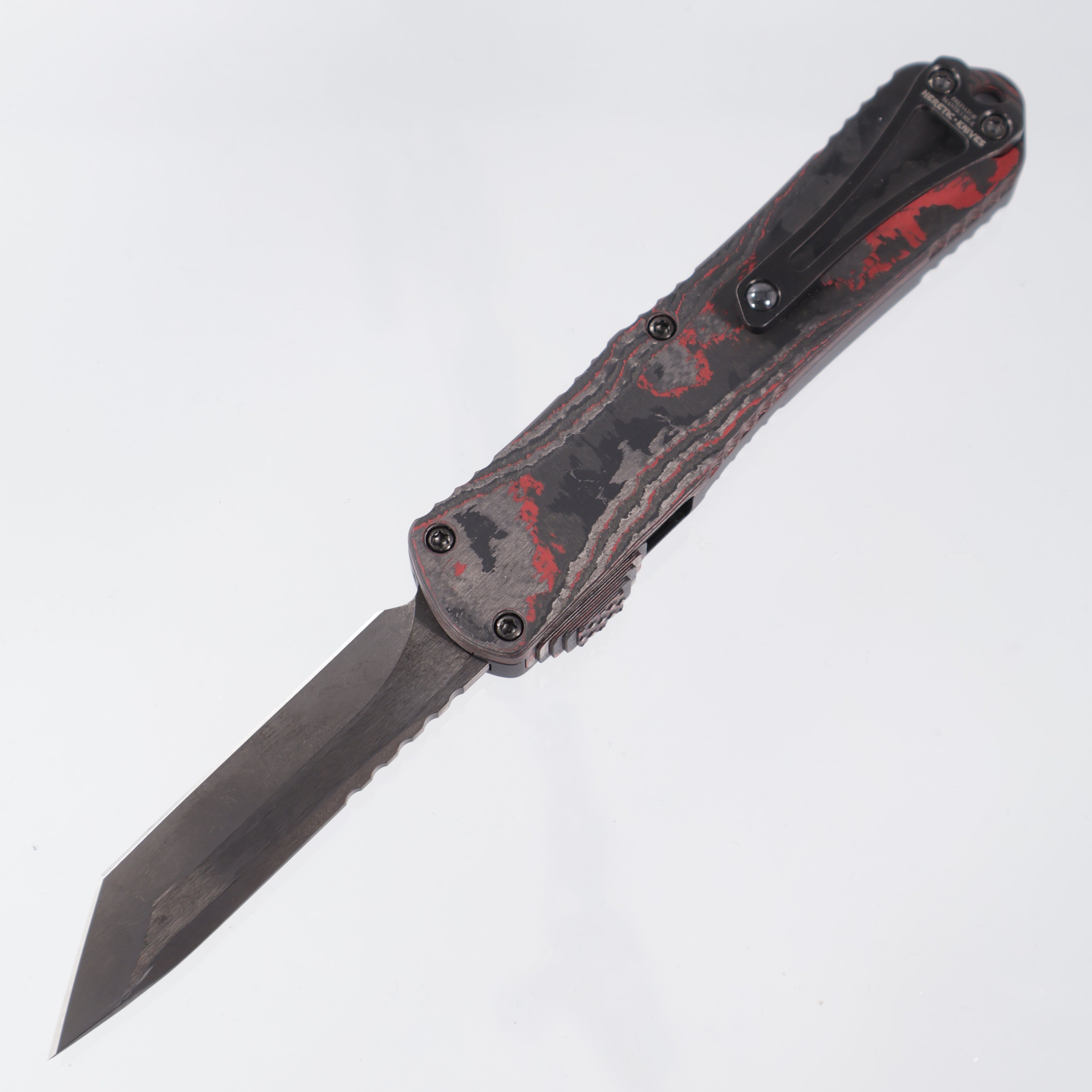 Heretic Manticore E Predator Set - Tanto DLC & DLC Hardware - Red CamoCarbon & Aluminum Handle - Predator Bead & Lighter - S/N 022 - Pre-Owned