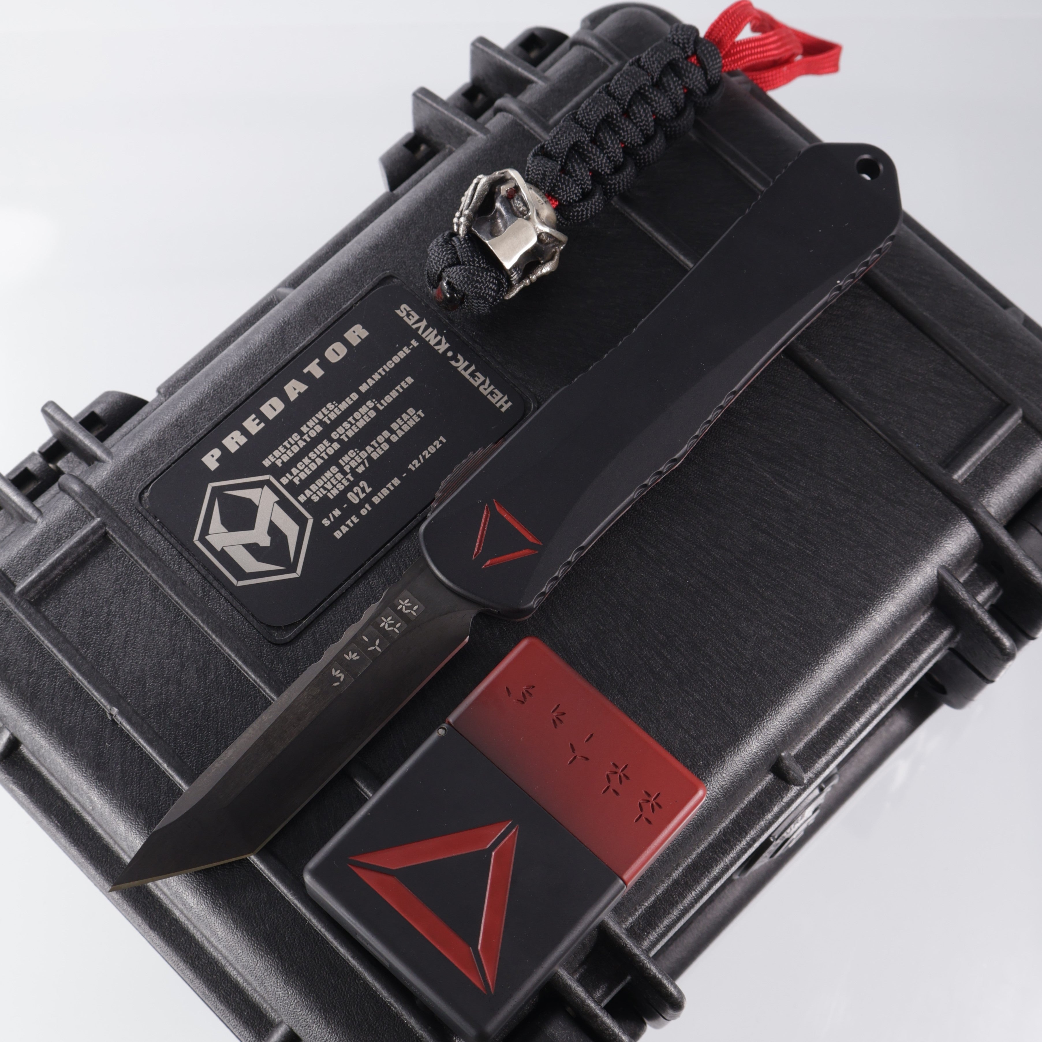 Heretic Manticore E Predator Set - Tanto DLC & DLC Hardware - Red CamoCarbon & Aluminum Handle - Predator Bead & Lighter - S/N 022 - Pre-Owned