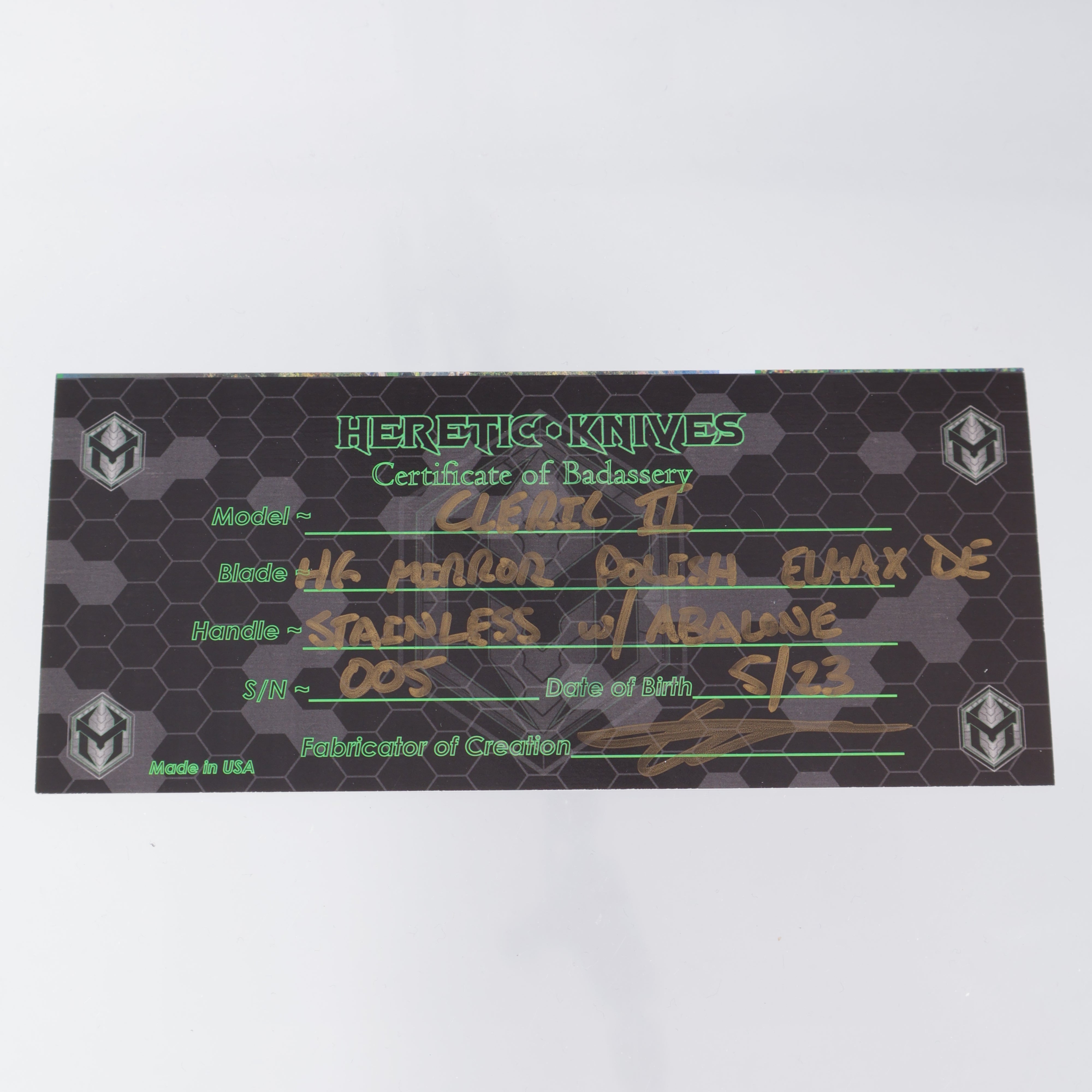 Heretic Cleric 2 Custom - Double Edge Mirror Polish Elmax Hand Ground - Stainless Chassis w/ Abalone Inlays - DLC Hardware - Cleric II S/N 005 - Pre-Owned