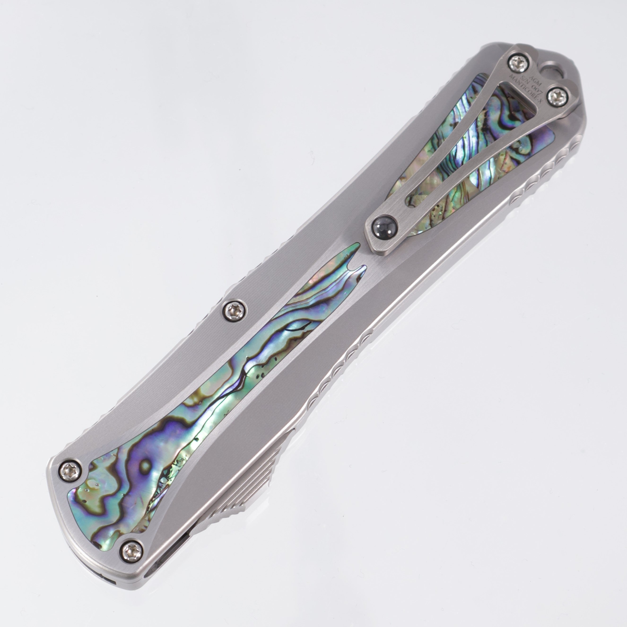 Heretic Manticore X Custom - Double Edge Mirror Polish Elmax Hand Ground - Stainless Chassis w/ Abalone Inlays - Ti Satin Clip - S/N 007 - Pre-Owned