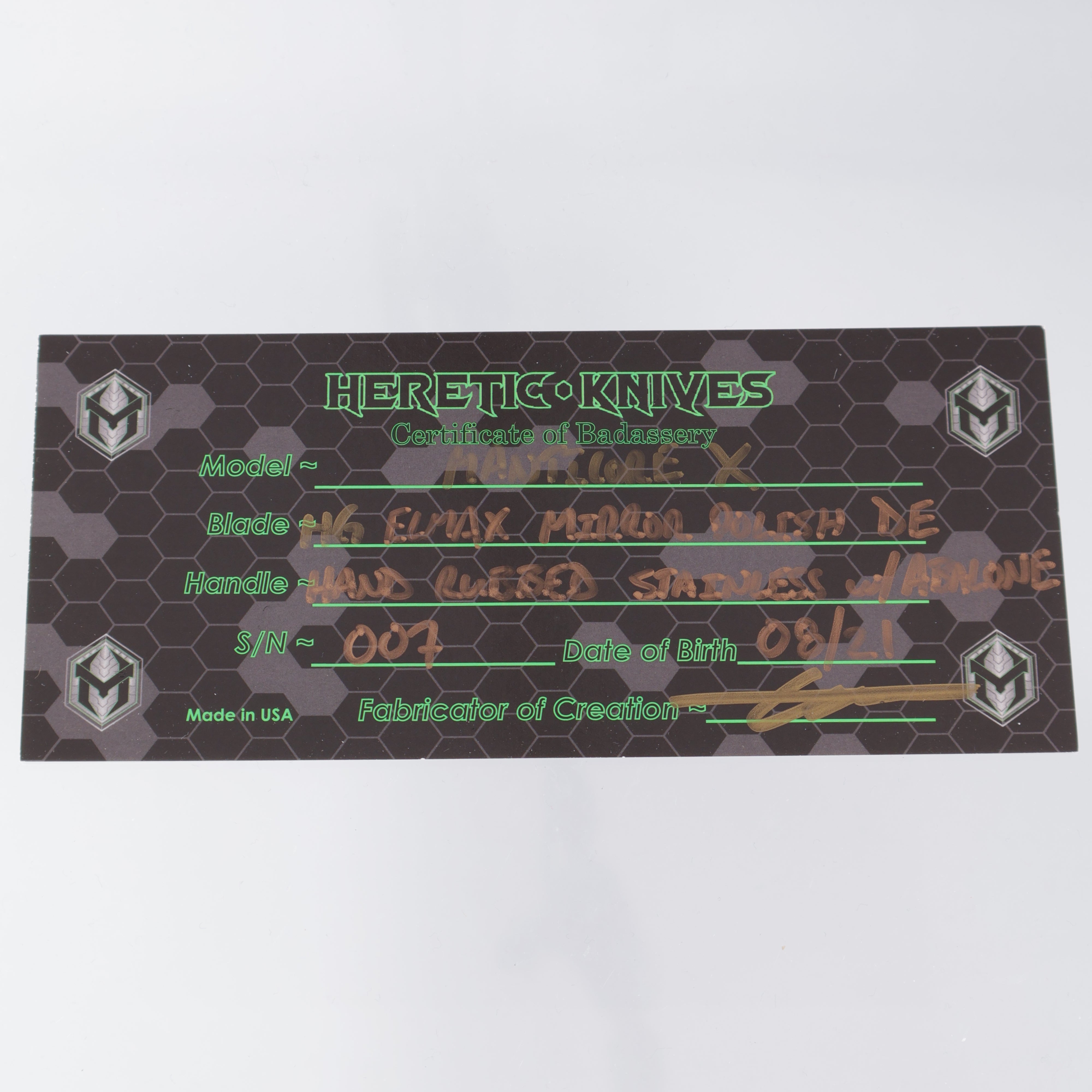 Heretic Manticore X Custom - Double Edge Mirror Polish Elmax Hand Ground - Stainless Chassis w/ Abalone Inlays - Ti Satin Clip - S/N 007 - Pre-Owned