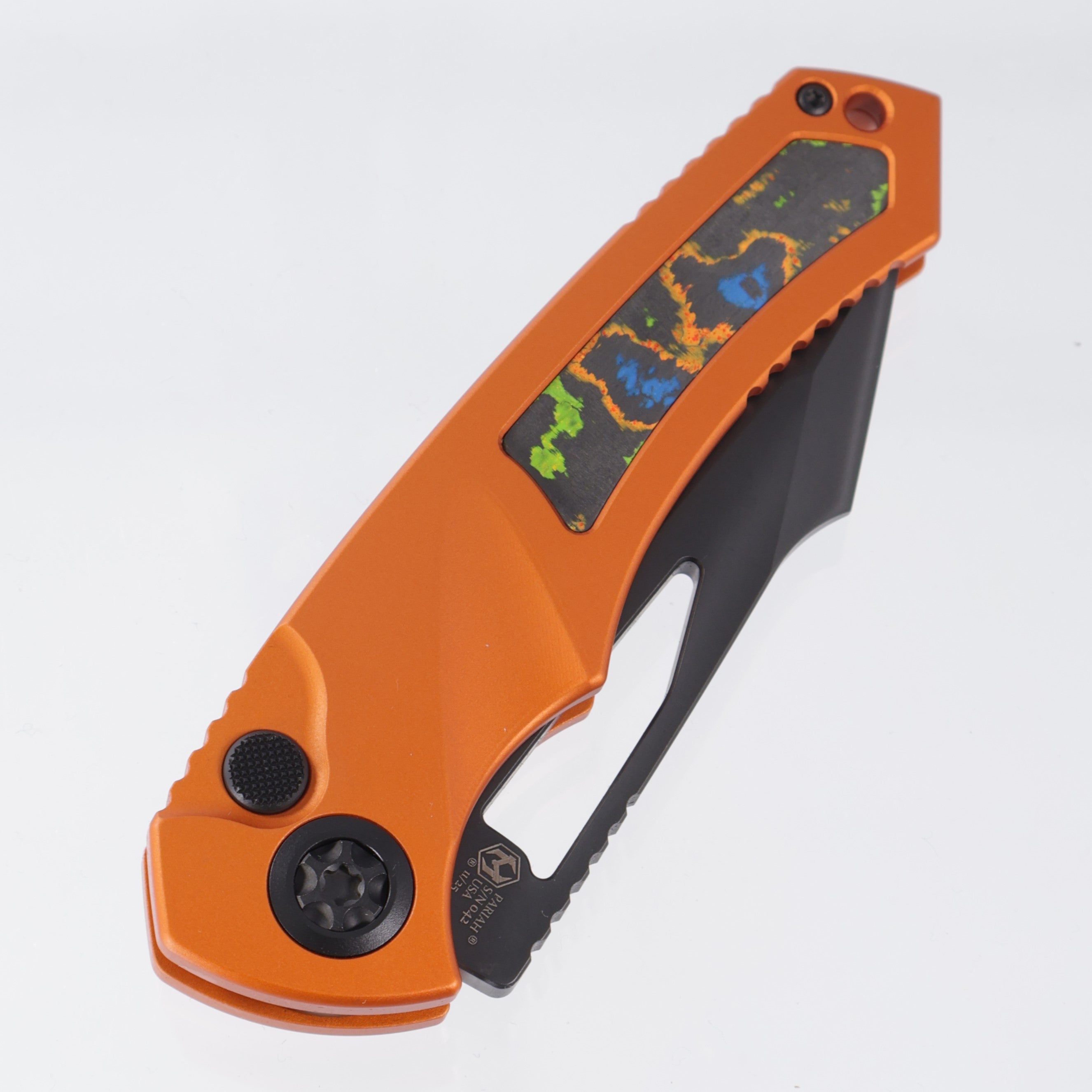 Heretic Pariah Manual Tanto - Orange Aluminum w/ 80s Camo Carbon inlays - DLC Magnacut - H047-6A-OG/80S - BROP Exclusive