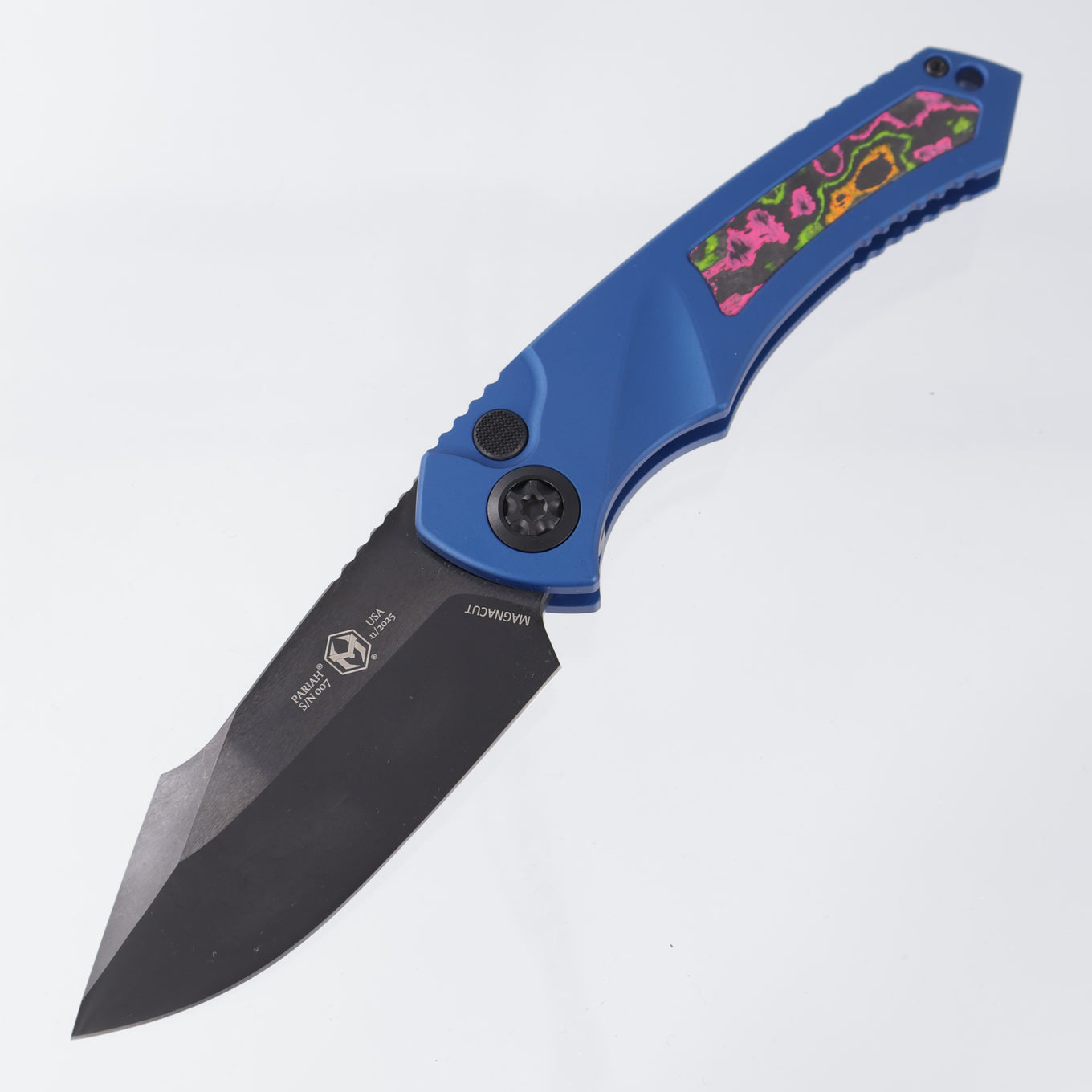 Heretic Pariah Auto Single Edge - Blue Aluminum w/ 80s Camo Carbon inlays - DLC Magnacut - H048-6A-BLU/80S - BROP Exclusive