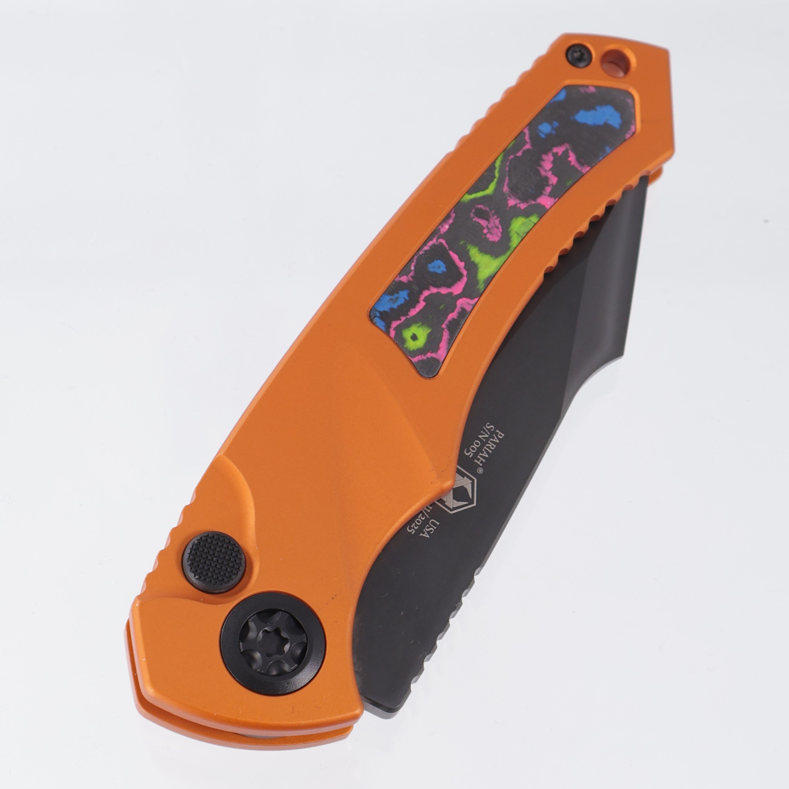 Heretic Pariah Auto Single Edge - Orange Aluminum w/ 80s Camo Carbon inlays - DLC Magnacut - H048-6A-OG/80S - BROP Exclusive