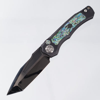 Heretic Wraith Auto Custom - Tanto DLC Cracked Ice M390 - Aluminum w/ Abalone Inlay, Button Inlay, & Carbon Fiber Sub Inlay
