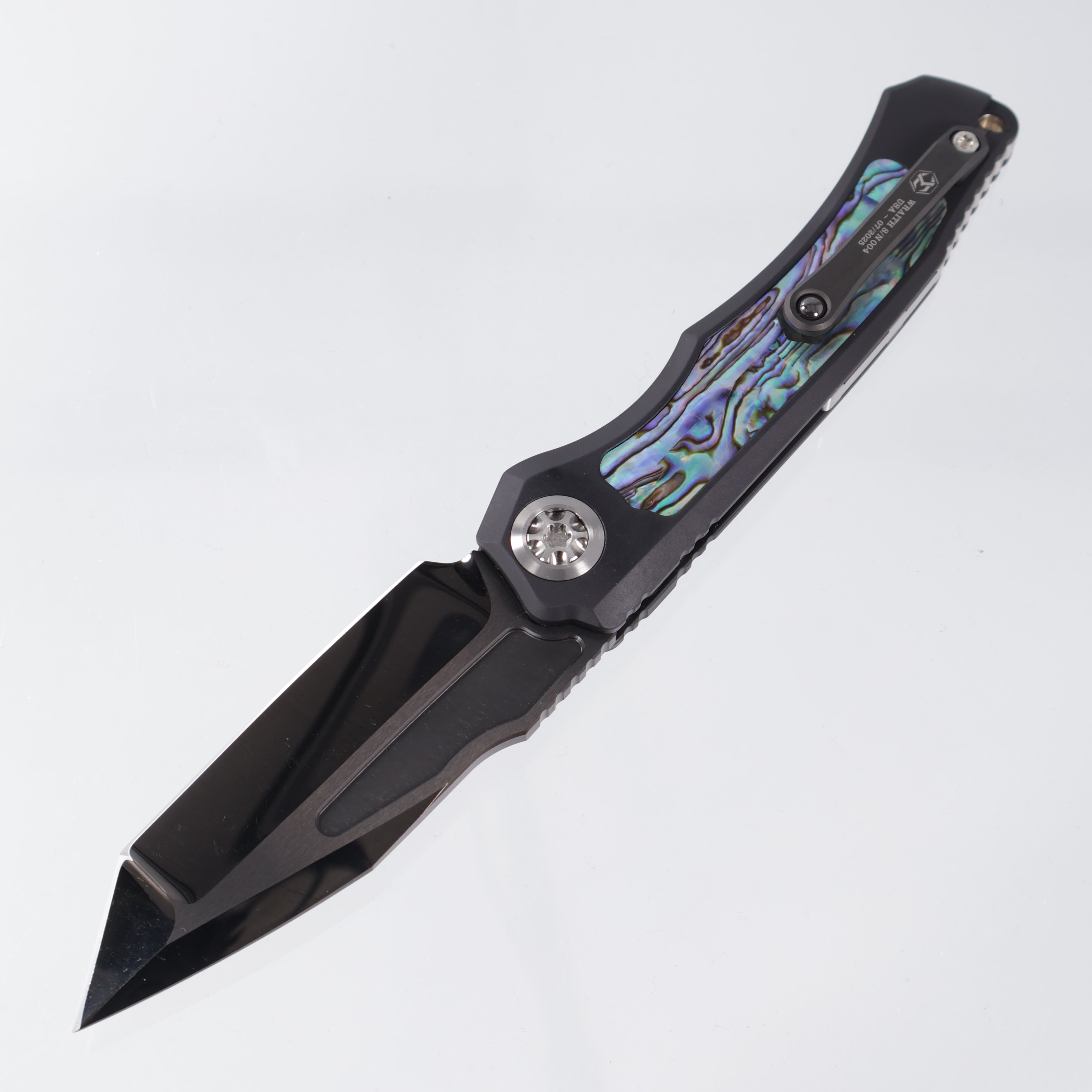 Heretic Wraith Auto Custom - Tanto DLC Cracked Ice M390 - Aluminum w/ Abalone Inlay, Button Inlay, & Carbon Fiber Sub Inlay