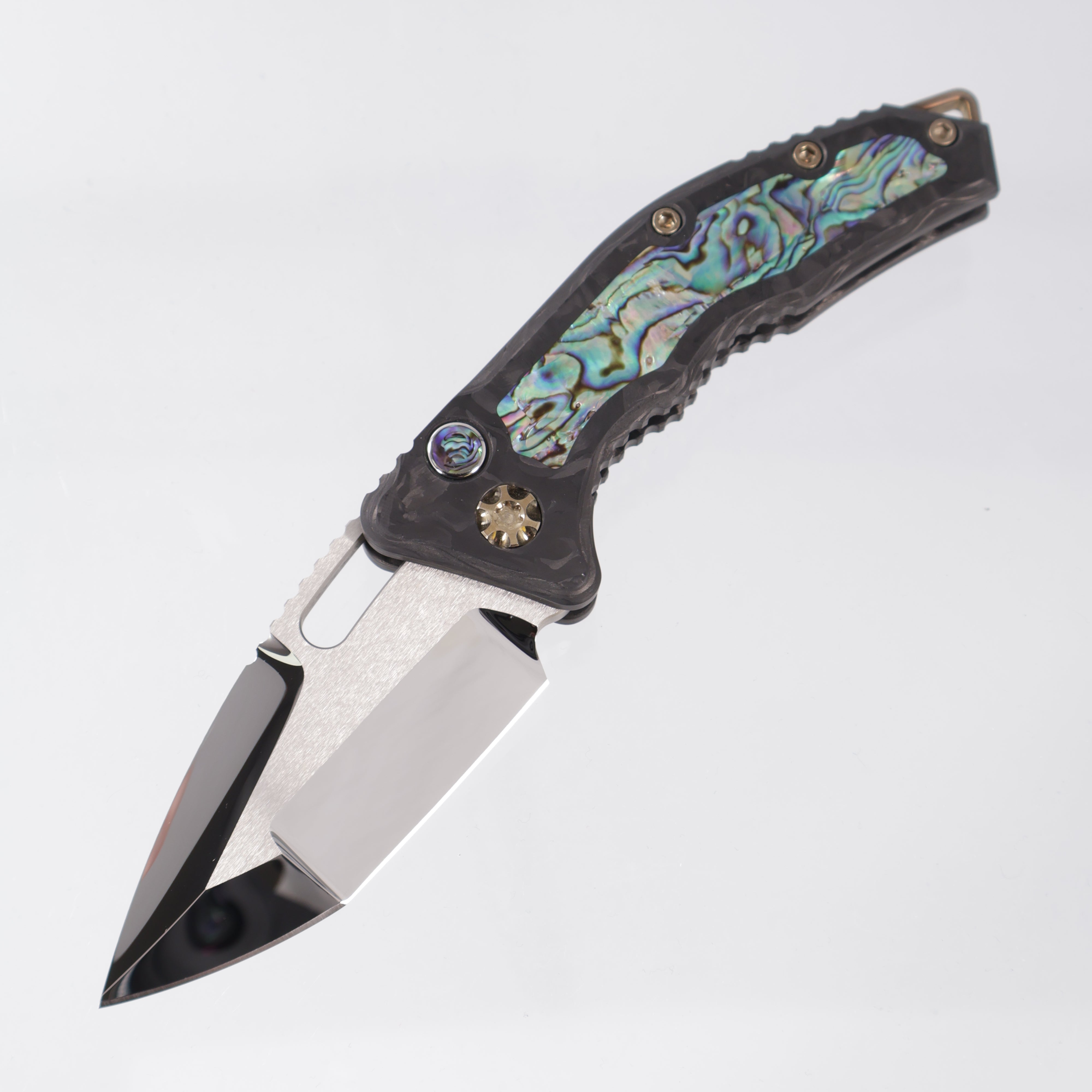 Heretic Medusa V2 Auto Tanto - Carbon Fiber Chassis w/ Abalone Inlays & Button - Bronzed Hardware - Mirror Polish Compound Grind M390 - S/N: 012