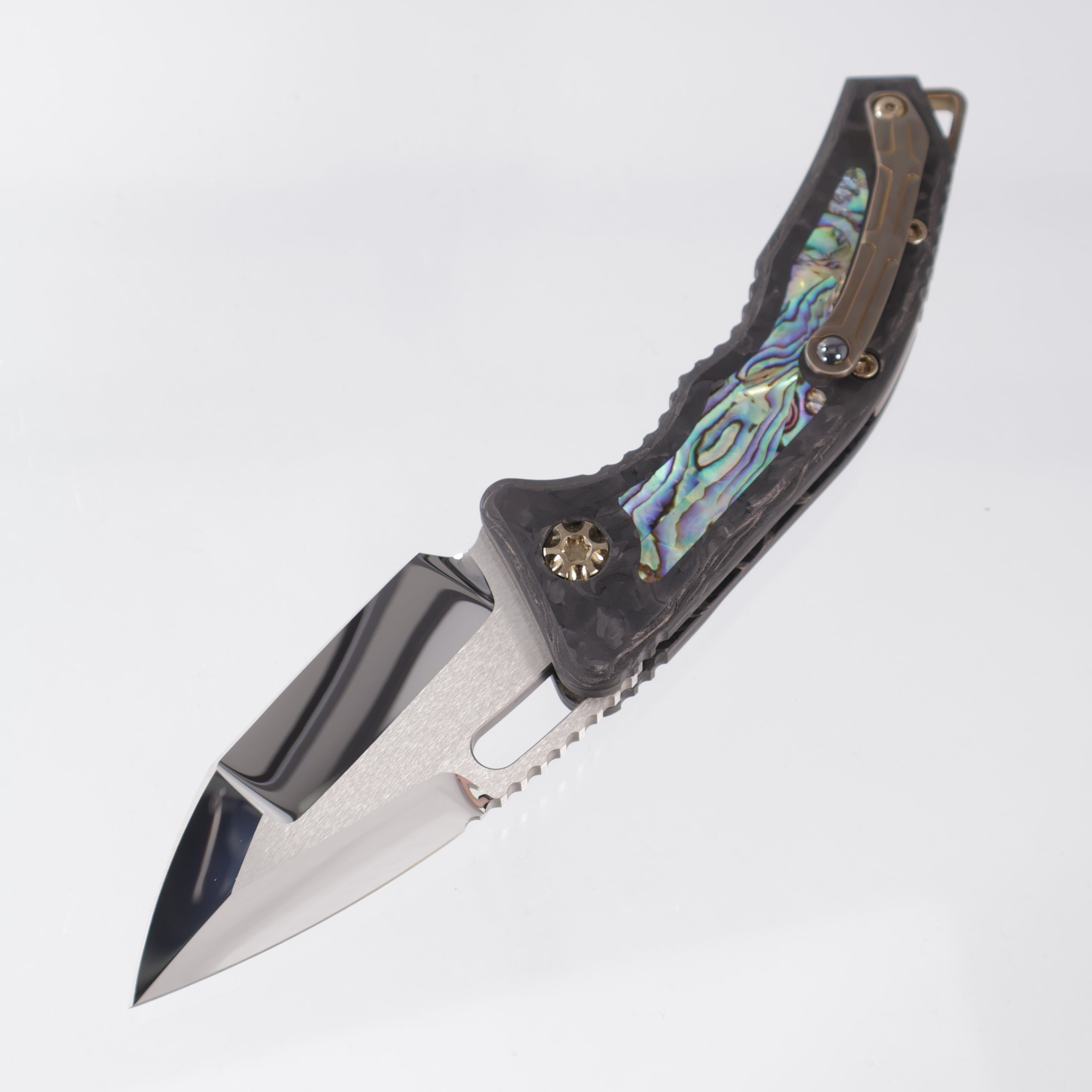 Heretic Medusa V2 Auto Tanto - Carbon Fiber Chassis w/ Abalone Inlays & Button - Bronzed Hardware - Mirror Polish Compound Grind M390 - S/N: 012