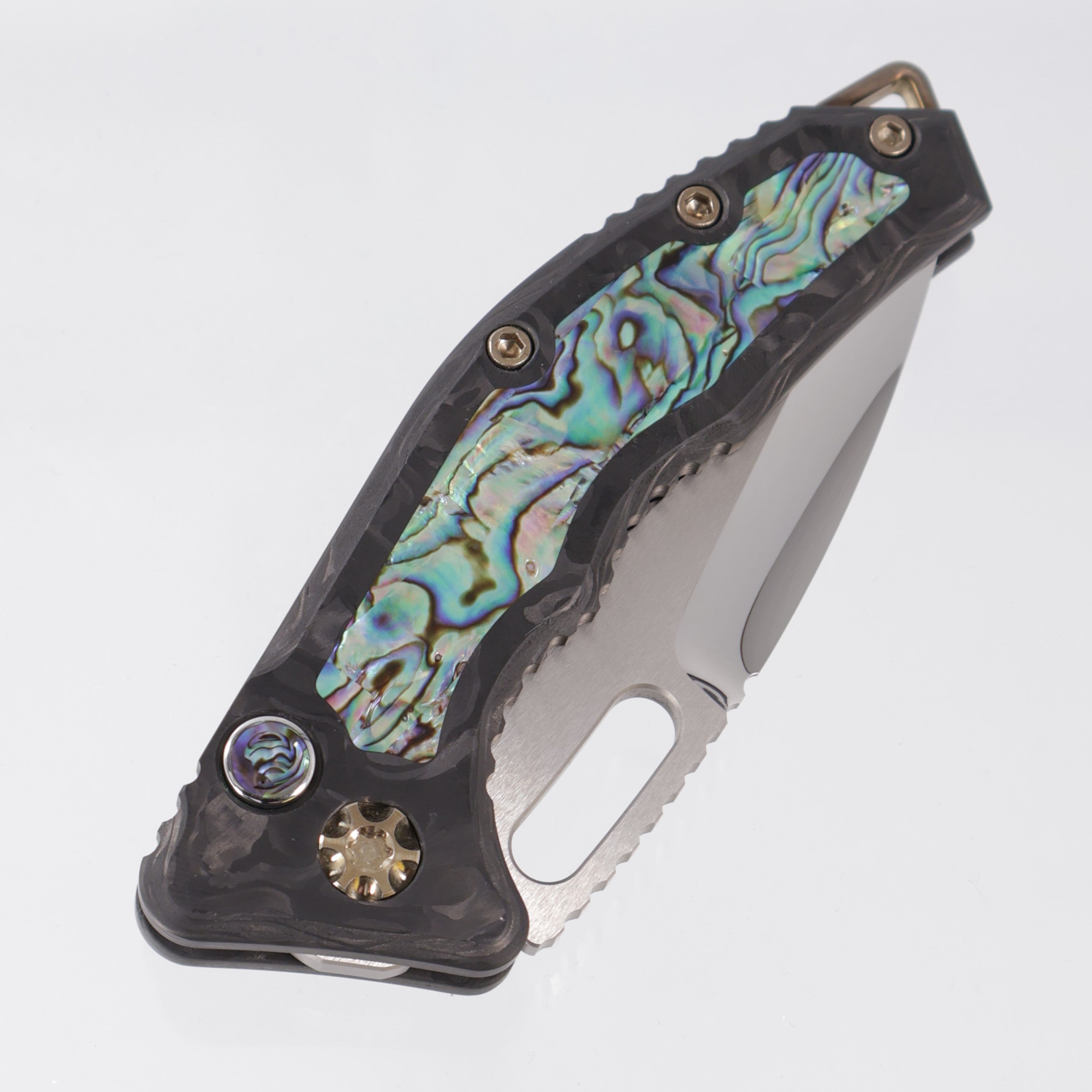Heretic Medusa V2 Auto Tanto - Carbon Fiber Chassis w/ Abalone Inlays & Button - Bronzed Hardware - Mirror Polish Compound Grind M390 - S/N: 012
