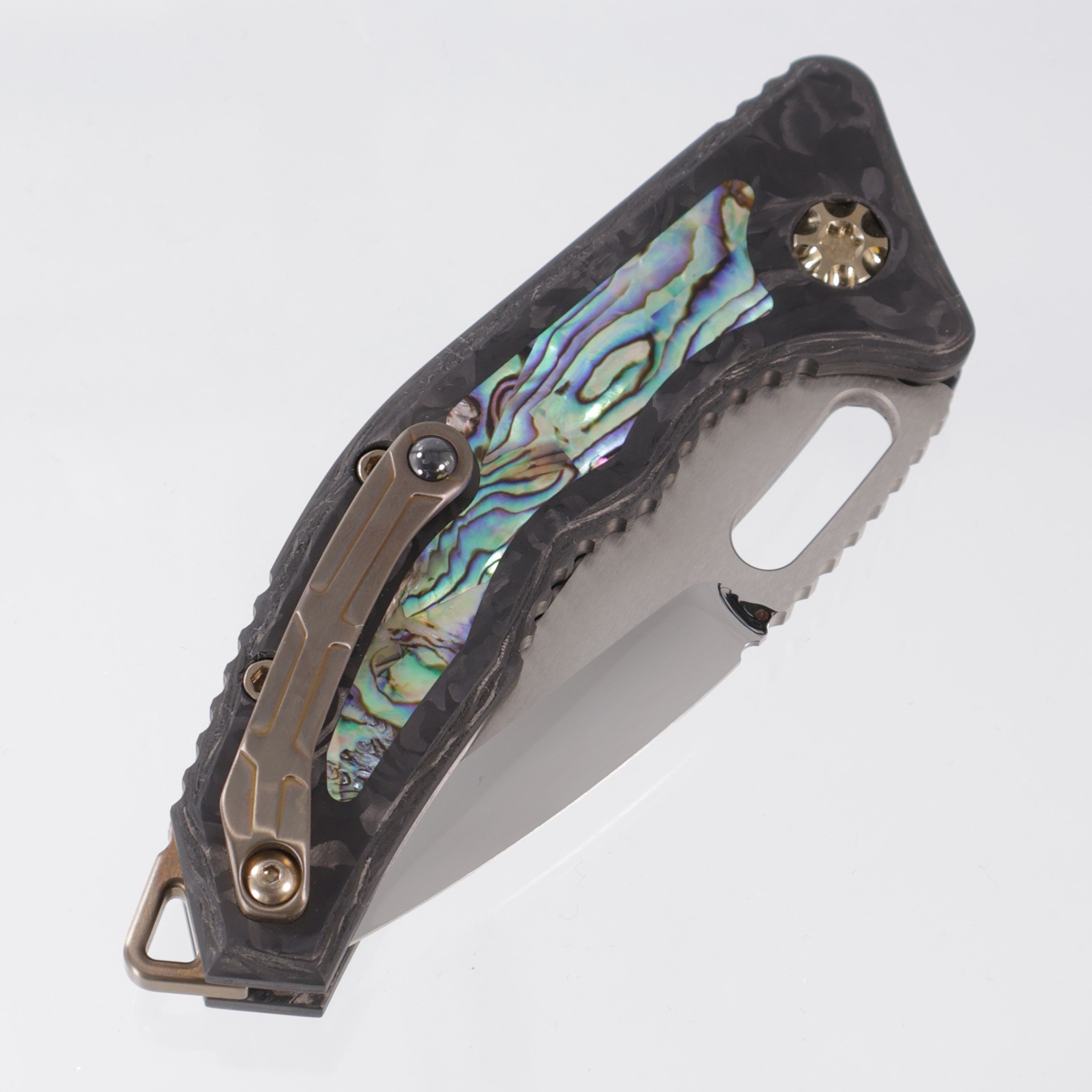Heretic Medusa V2 Auto Tanto - Carbon Fiber Chassis w/ Abalone Inlays & Button - Bronzed Hardware - Mirror Polish Compound Grind M390 - S/N: 012