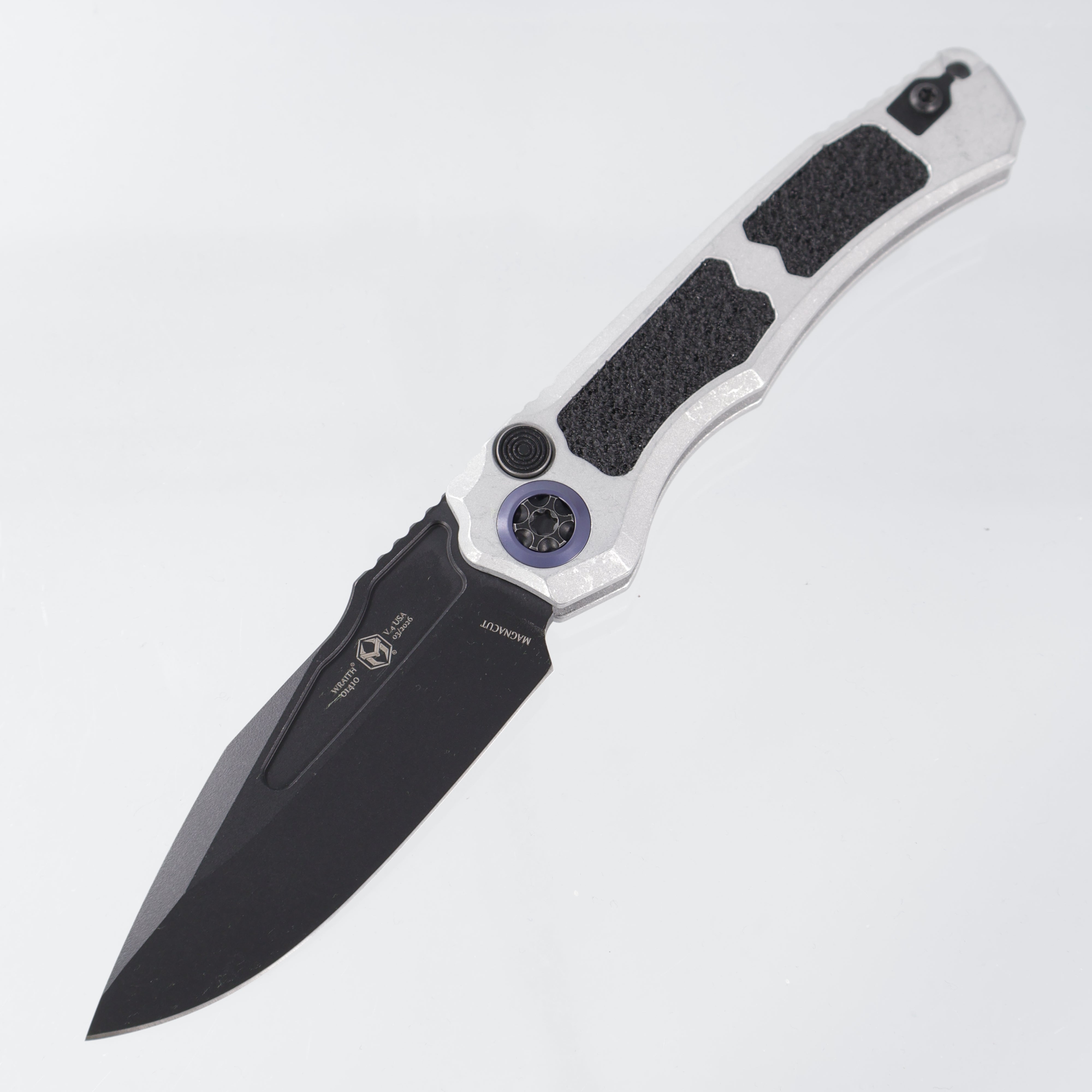 Heretic Wraith V4 Auto Clip Point - Blizzardworn Aluminum w/ Blue Ti Pivot Collars - Battle Black Magnacut - H000-8A-BLZ