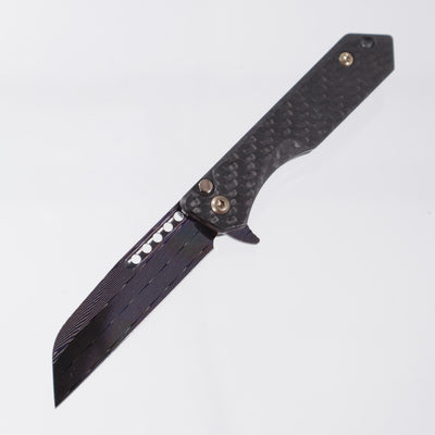 Heretic Jinn Manual Custom - Blue Vegas Forge Herringbone Damascus - Carbon Fiber Chassis w/ Flamed Titanium Clip & Bronze Hardware