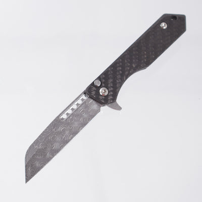 Heretic Jinn Manual Custom - Polished Vegas Forge Vines & Roses Damascus - Carbon Fiber Chassis w/ Flamed Titanium Clip