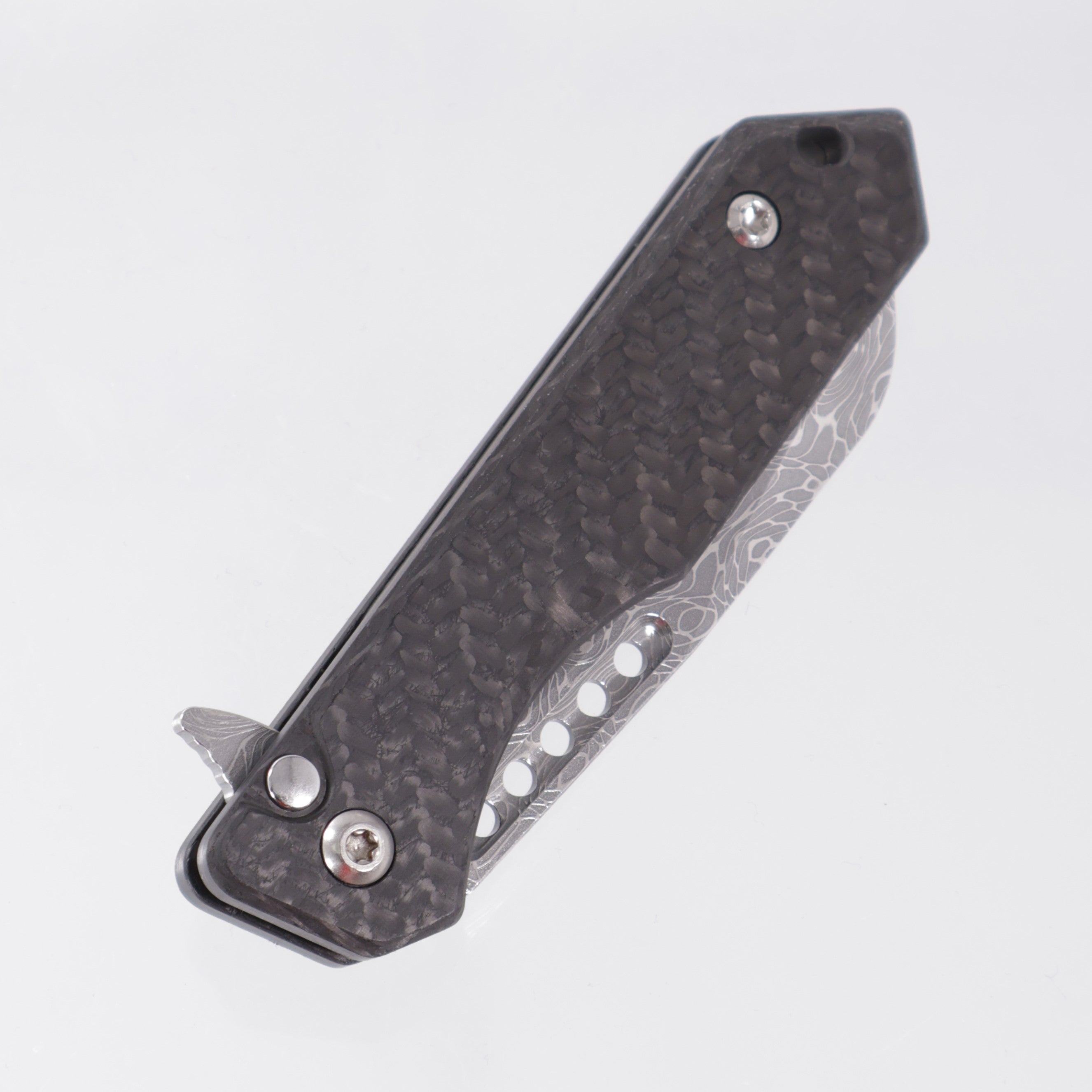 Heretic Jinn Manual Custom - Polished Vegas Forge Vines & Roses Damascus - Carbon Fiber Chassis w/ Flamed Titanium Clip