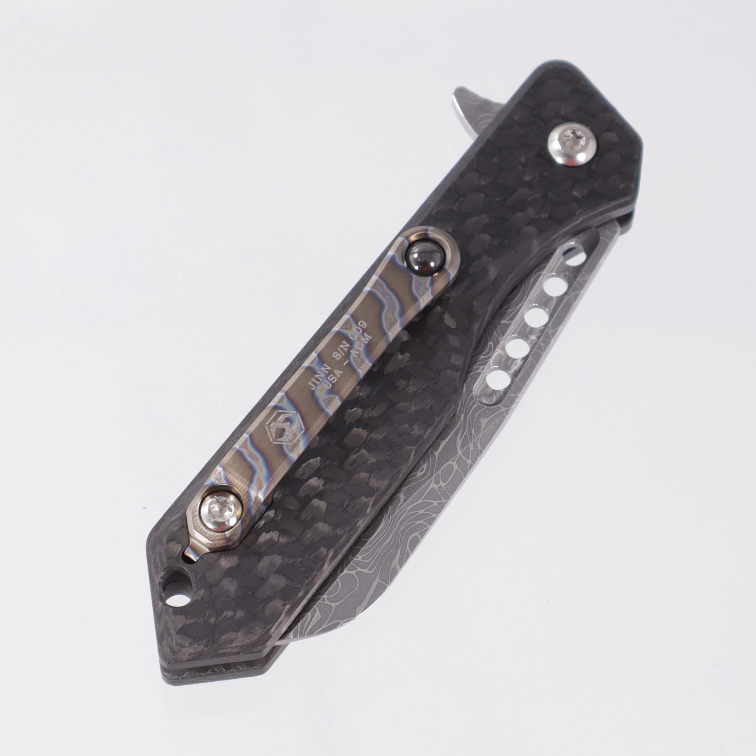 Heretic Jinn Manual Custom - Polished Vegas Forge Vines & Roses Damascus - Carbon Fiber Chassis w/ Flamed Titanium Clip