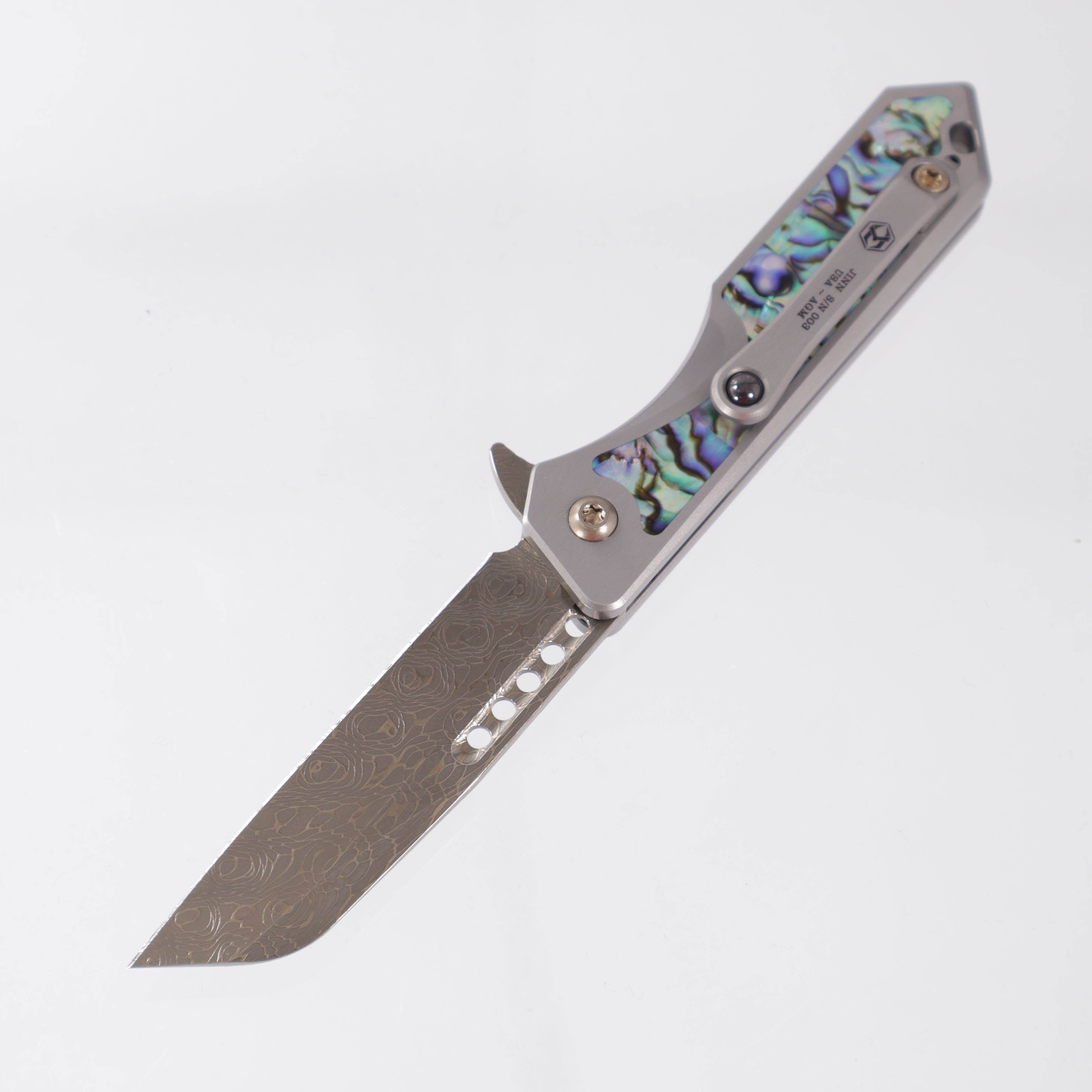 Heretic Jinn Manual Custom - Bronze Vegas Forge Vines & Roses Damascus - Hefted Titanium Chassis w/ Abalone inlays