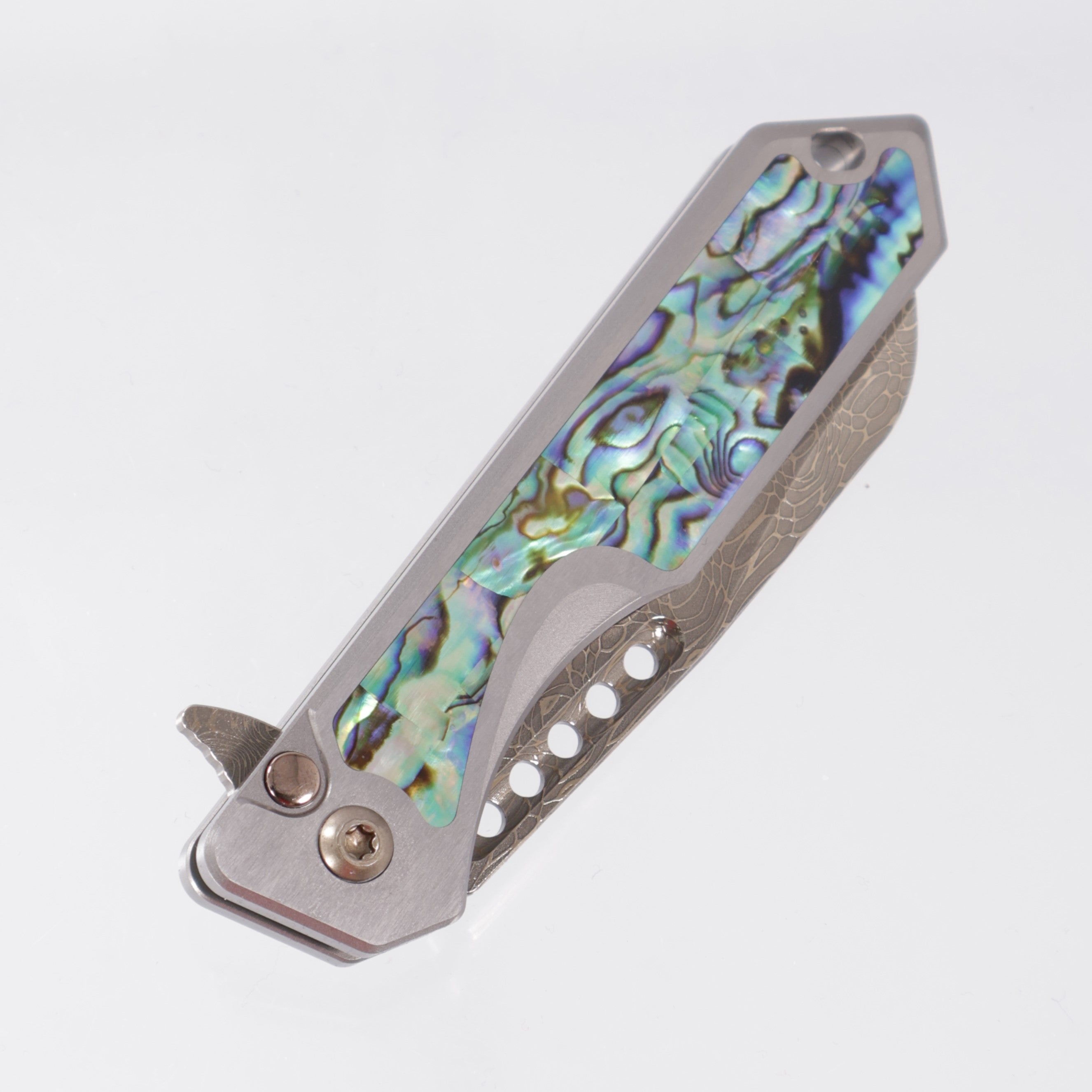 Heretic Jinn Manual Custom - Bronze Vegas Forge Vines & Roses Damascus - Hefted Titanium Chassis w/ Abalone inlays