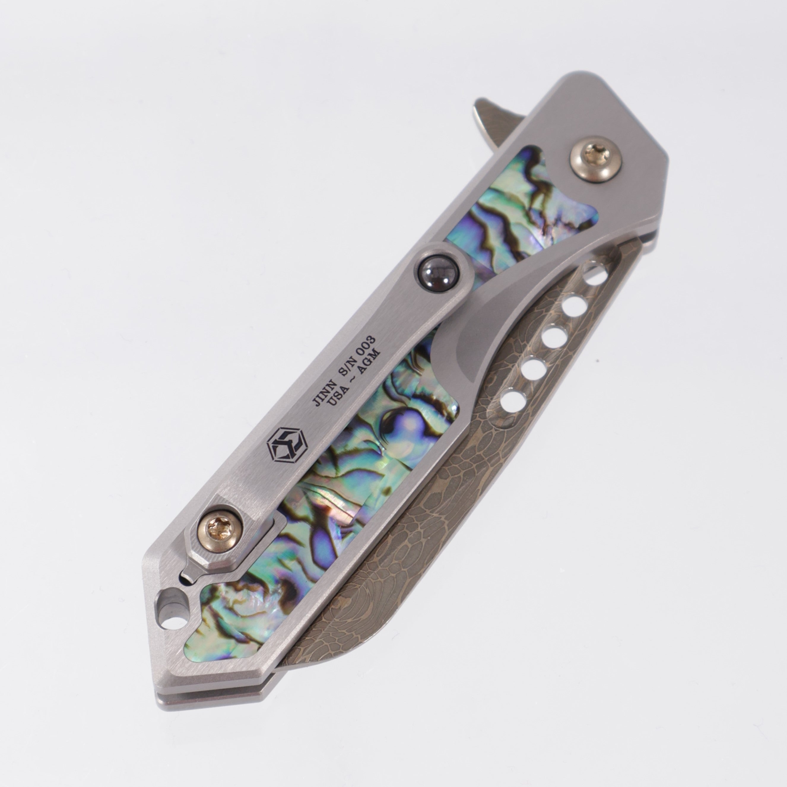 Heretic Jinn Manual Custom - Bronze Vegas Forge Vines & Roses Damascus - Hefted Titanium Chassis w/ Abalone inlays